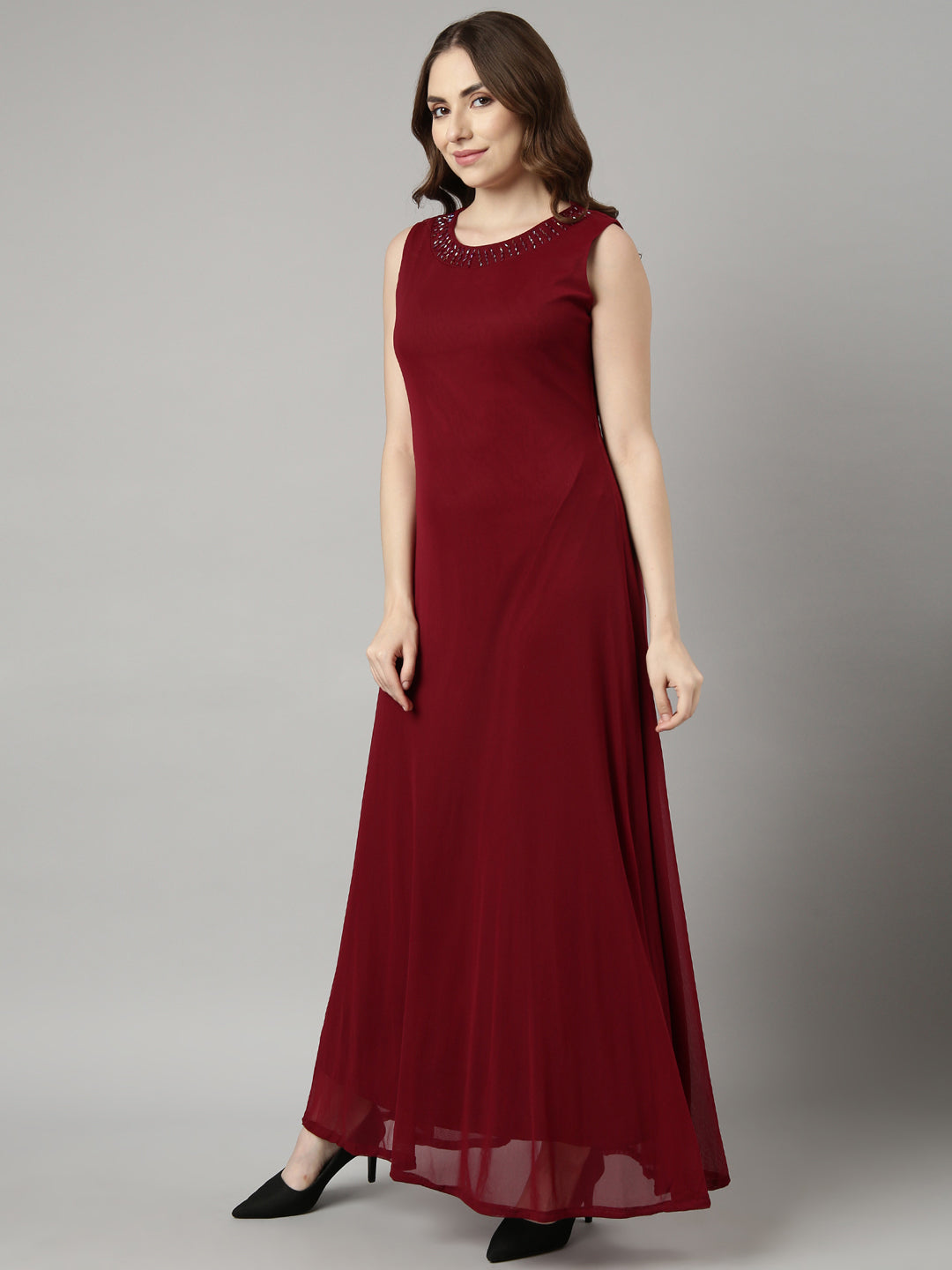 Women's Maroon Solid Maxi Dress