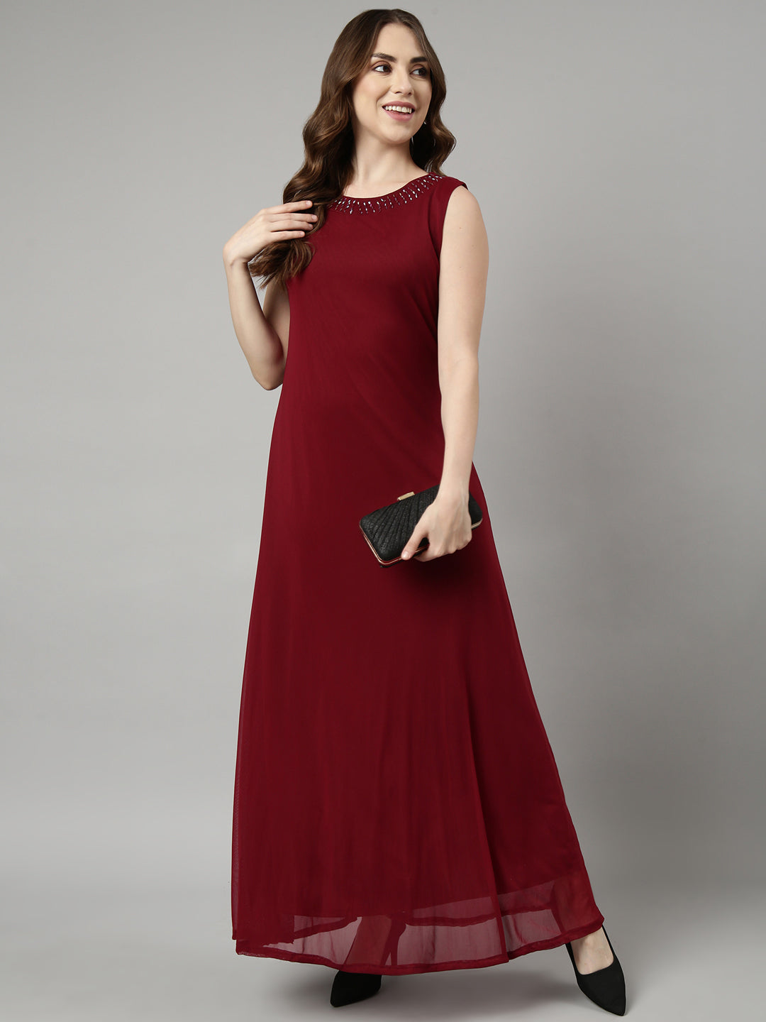Women's Maroon Solid Maxi Dress