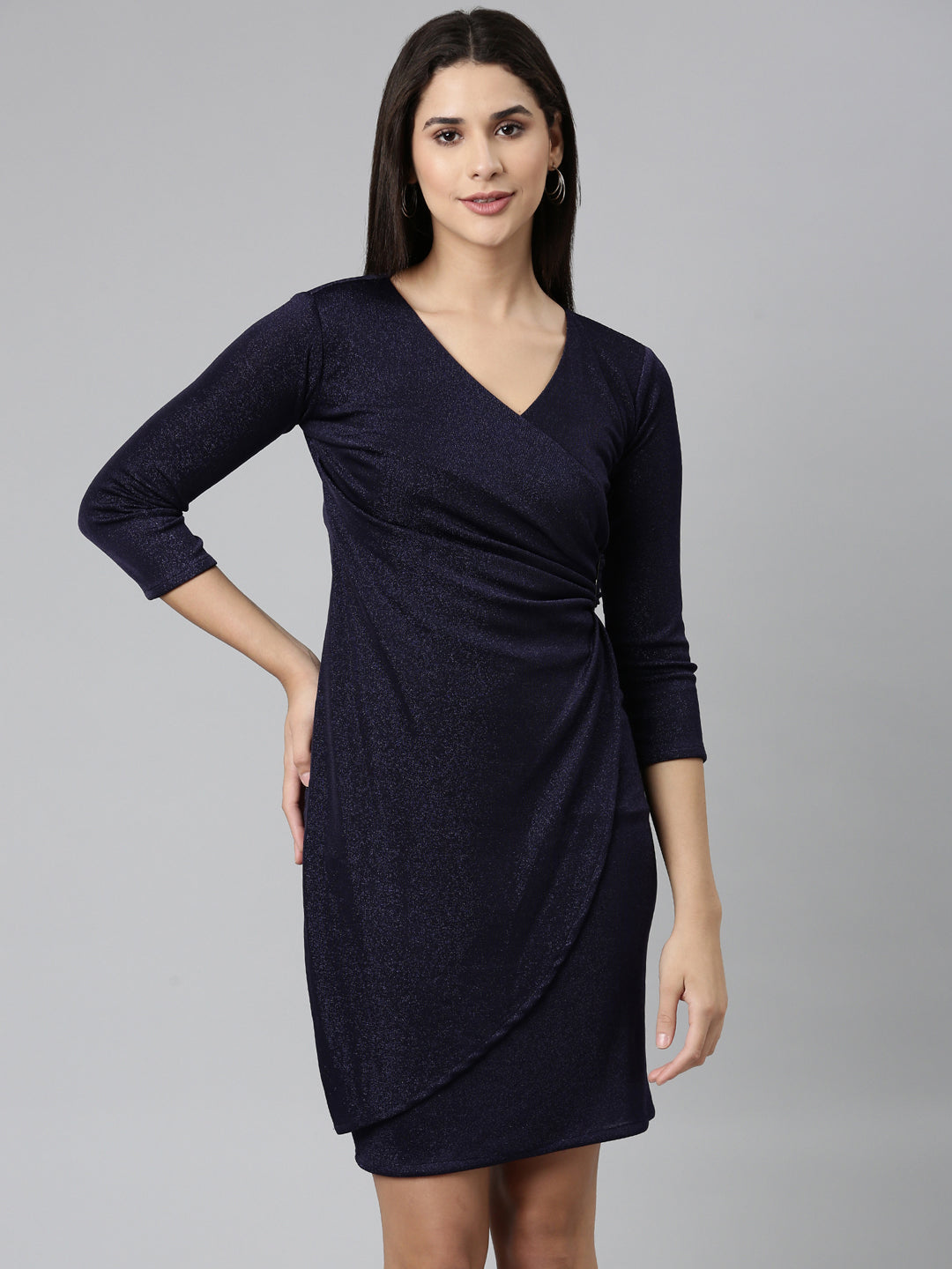 Women's Navy Blue Embellished Wrap Dress