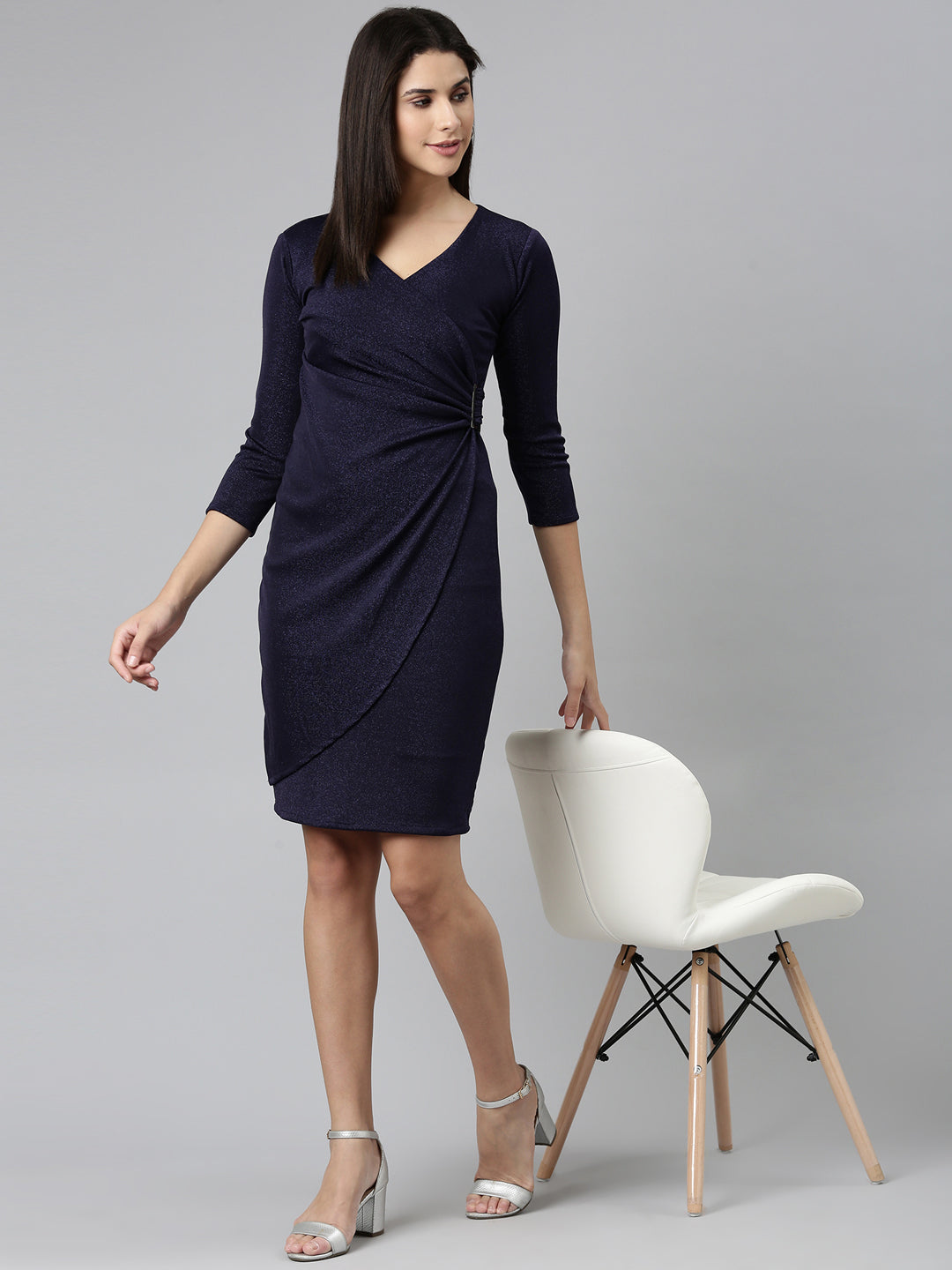 Women's Navy Blue Embellished Wrap Dress