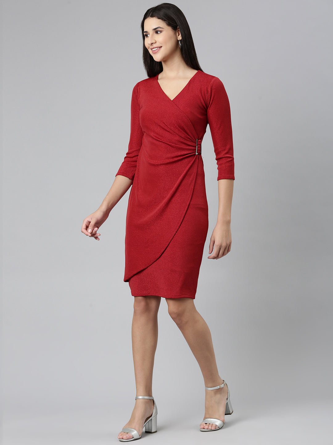 Women's Red Embellished Wrap Dress