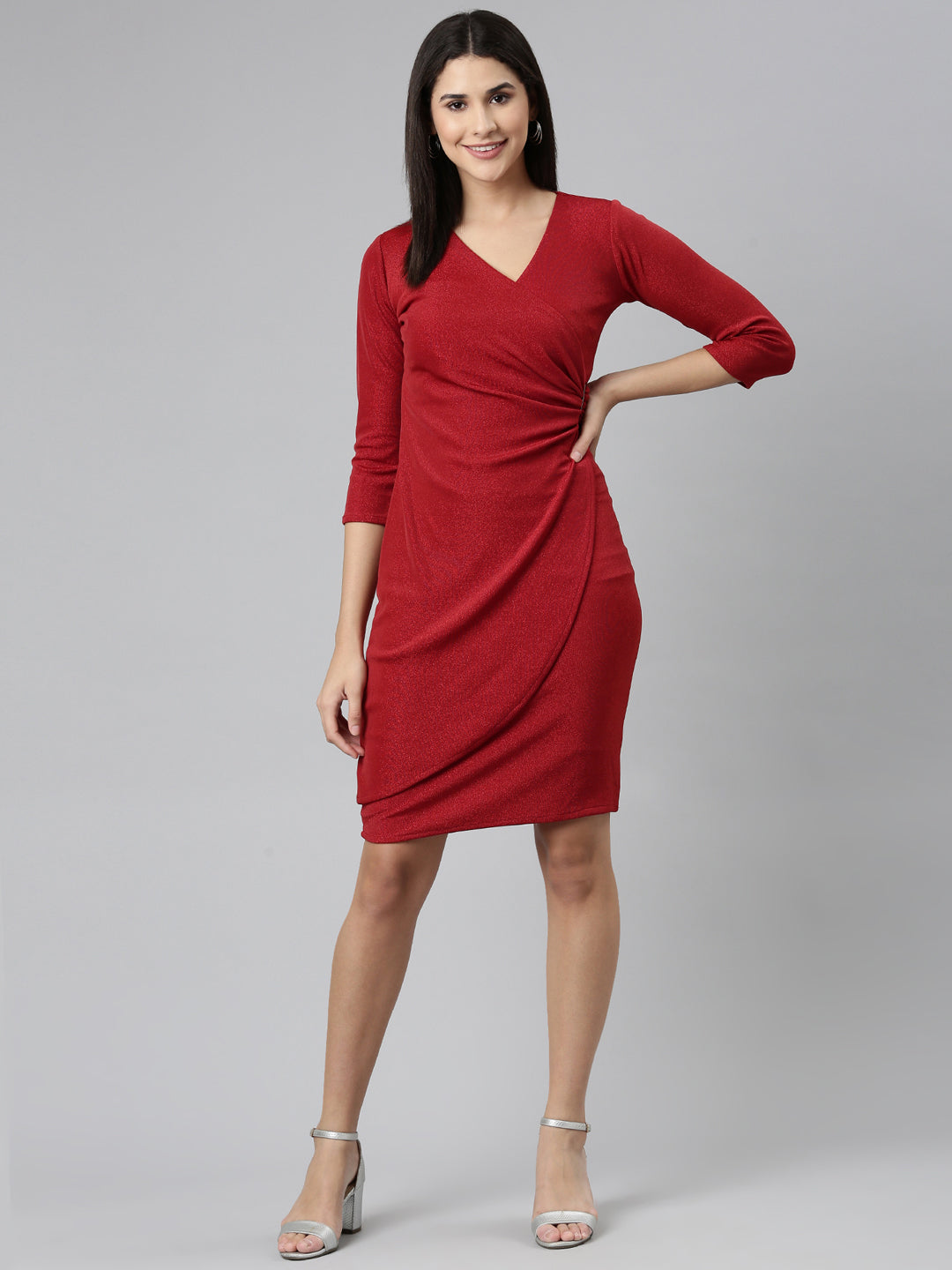 Women's Red Embellished Wrap Dress