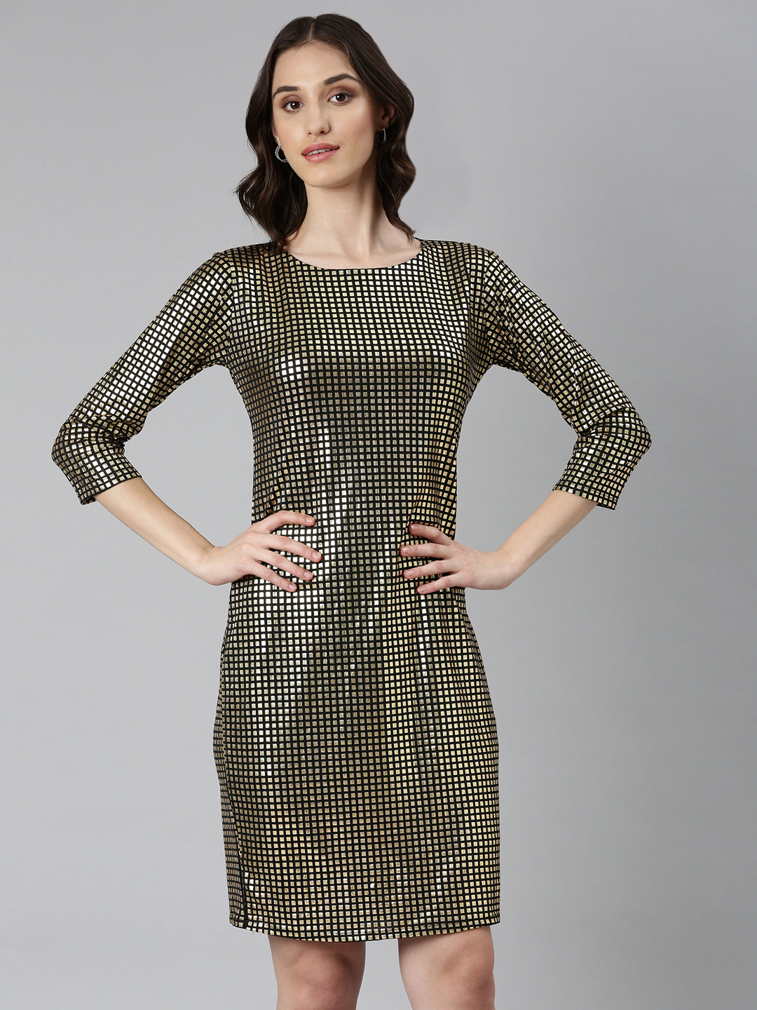 Women Gold Checked Bodycon Dress