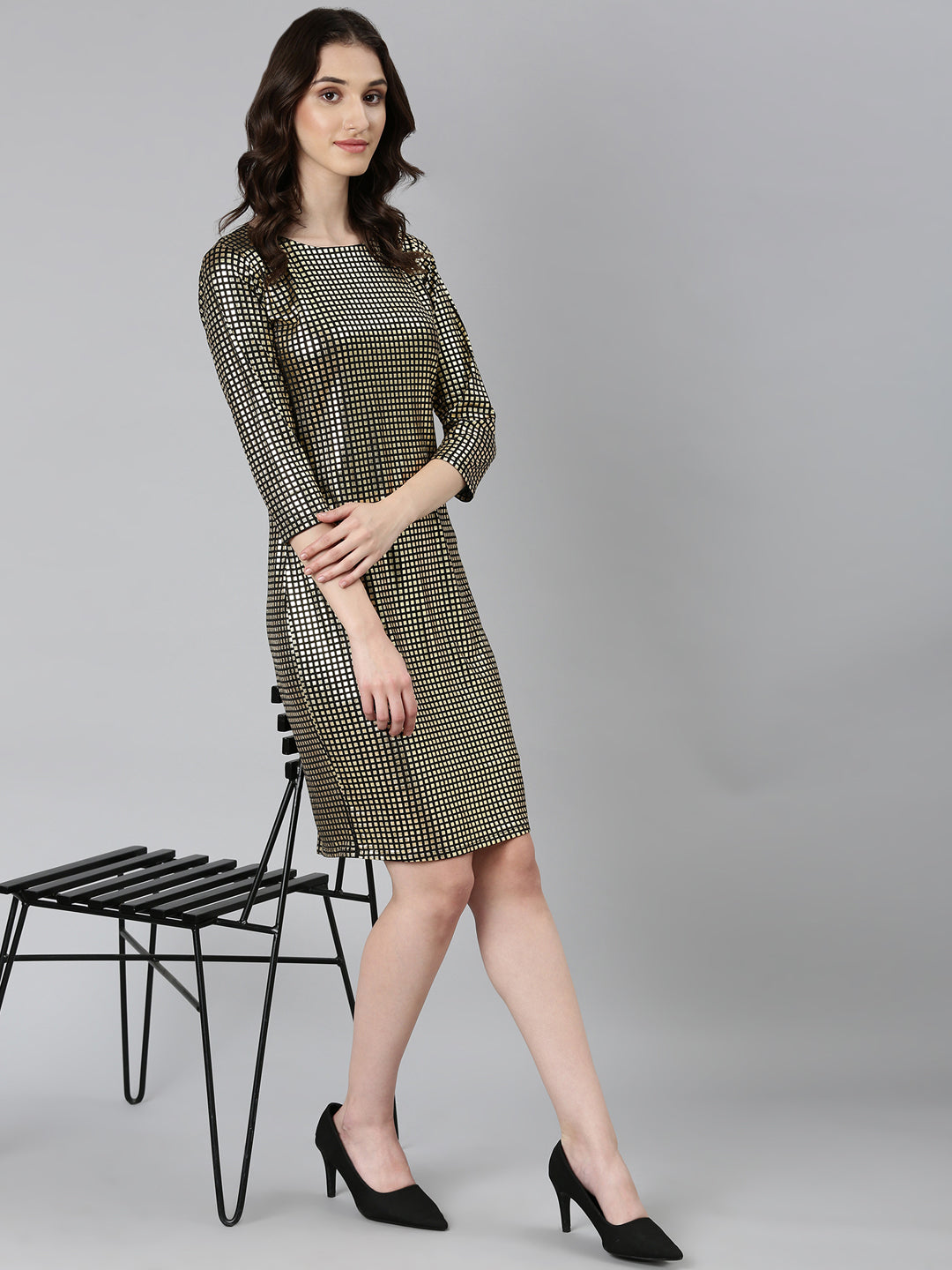 Women Gold Checked Bodycon Dress