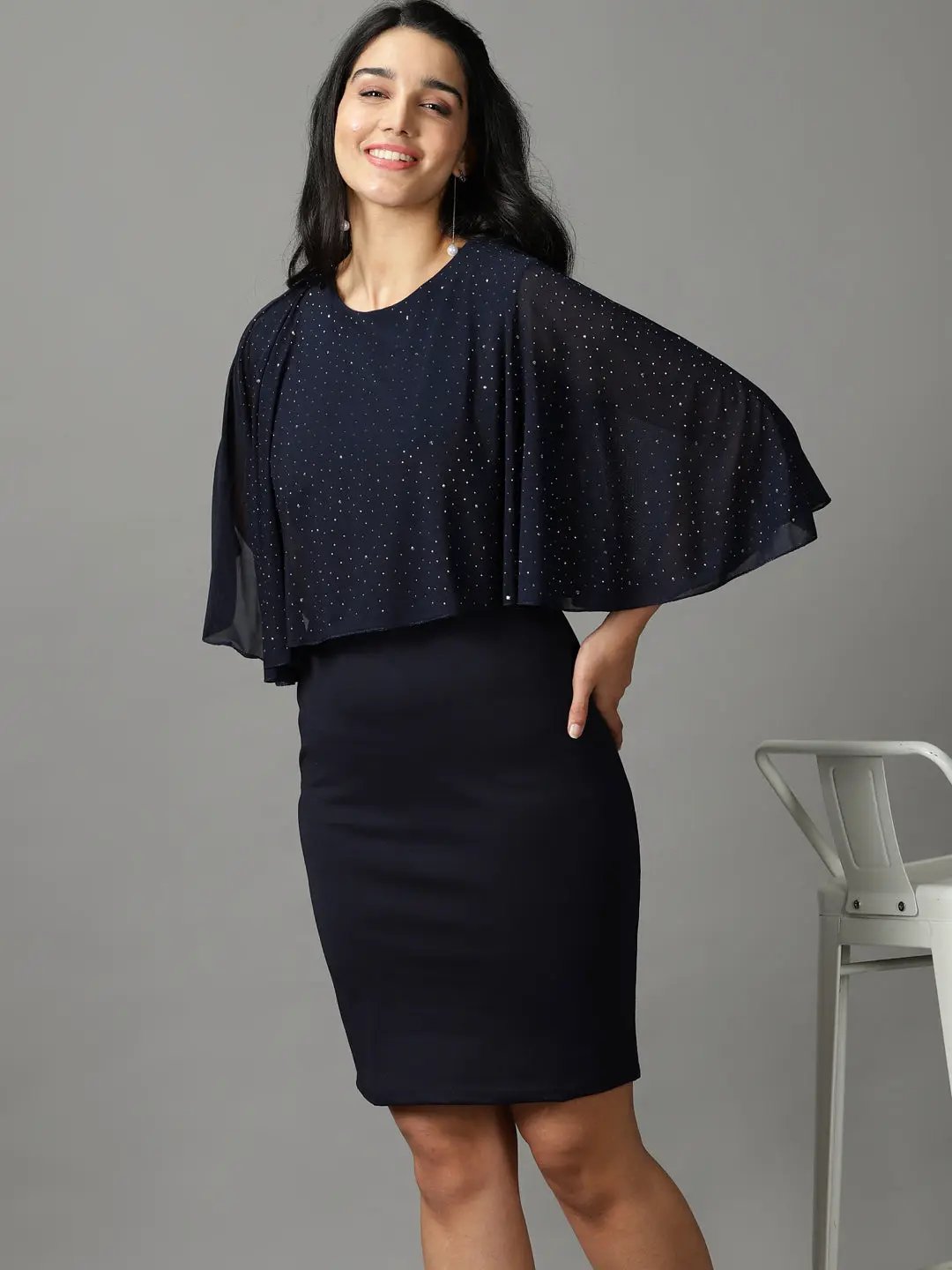 Women's Navy Blue Solid Bodycon Dress