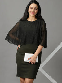 Women's Olive Round Neck Embellished Sheath Dress