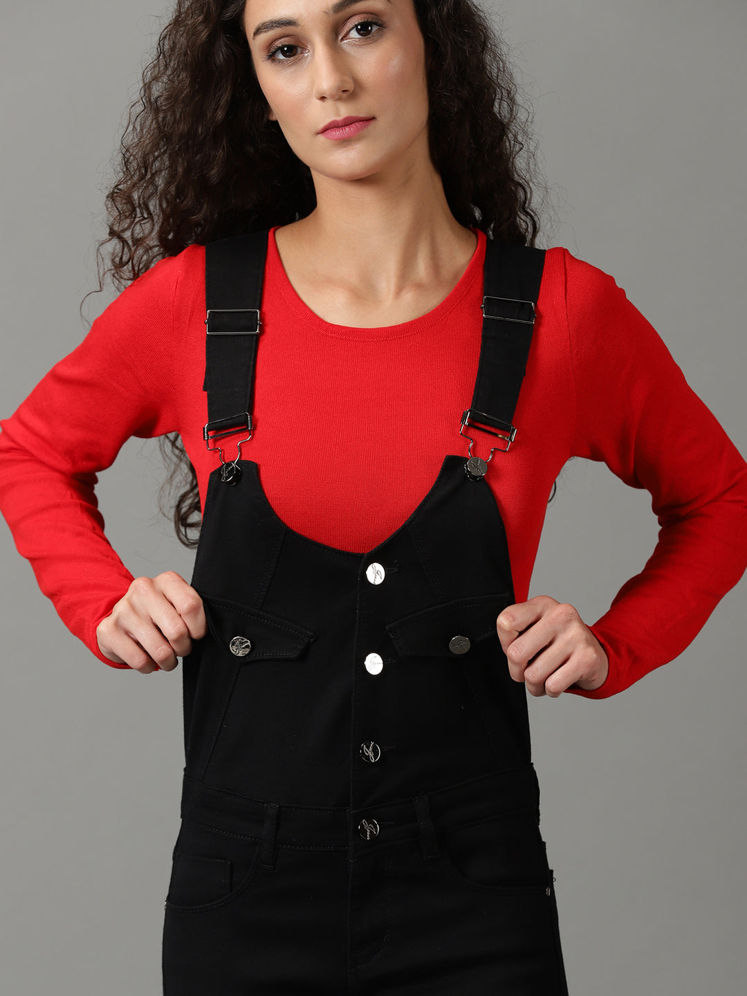 Women's Black Solid Dungaree