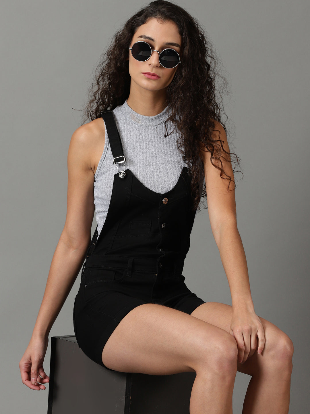 Women's Black Solid Dungaree