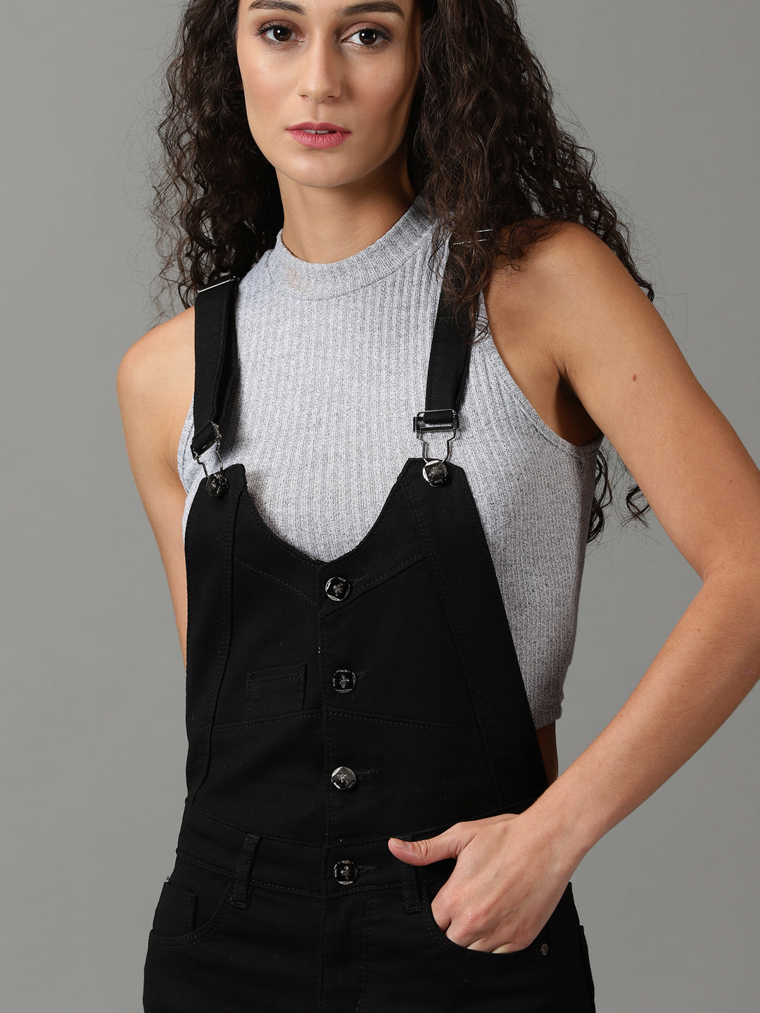 Women's Black Solid Dungaree