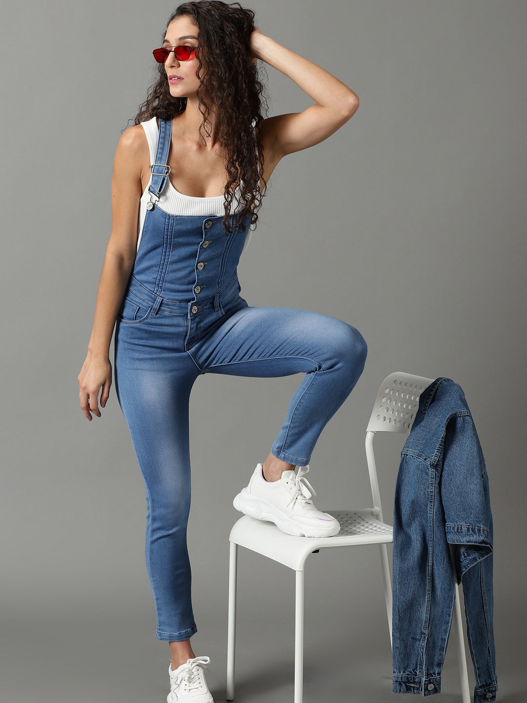 Women's Blue Solid Dungaree