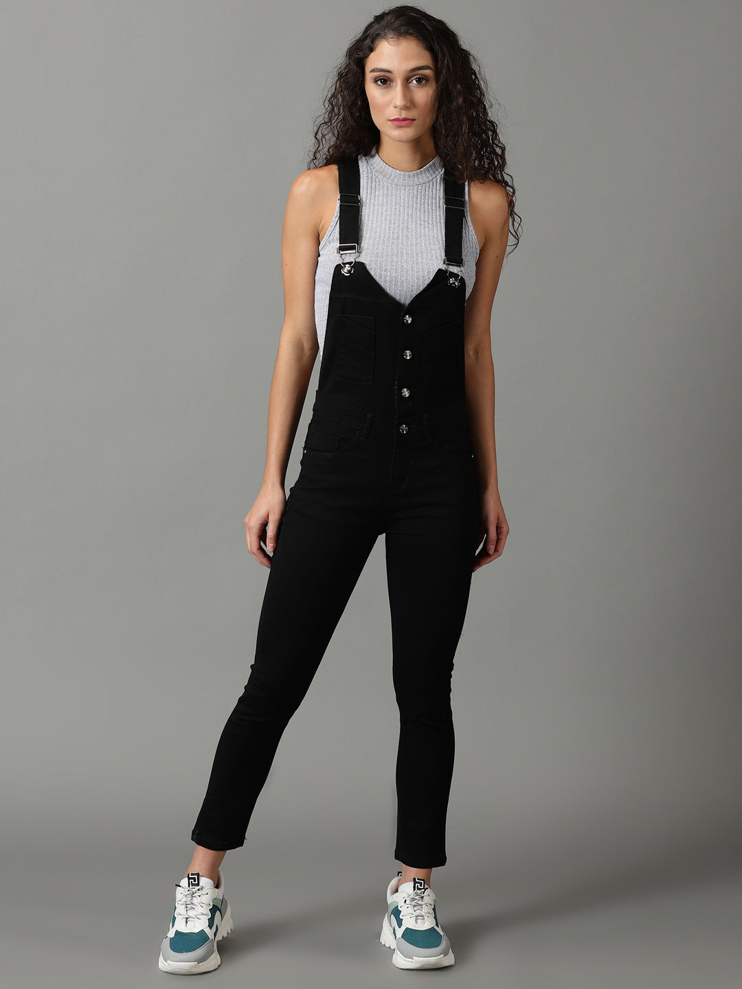 Women's Black Solid Dungaree