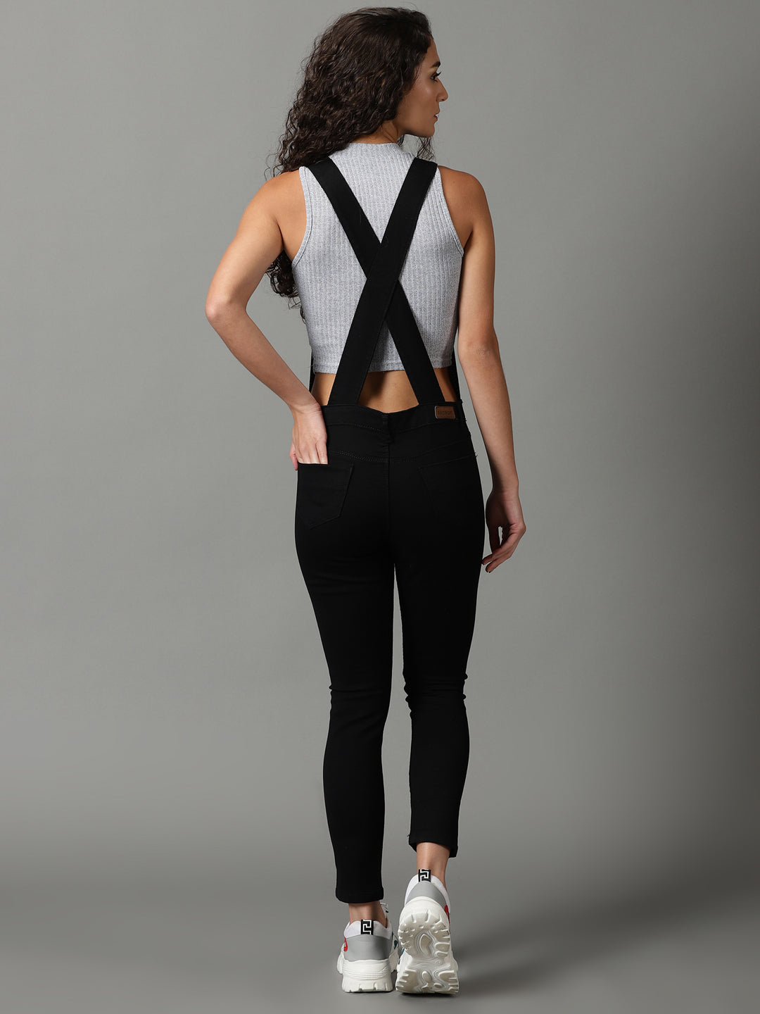 Women's Black Solid Dungaree