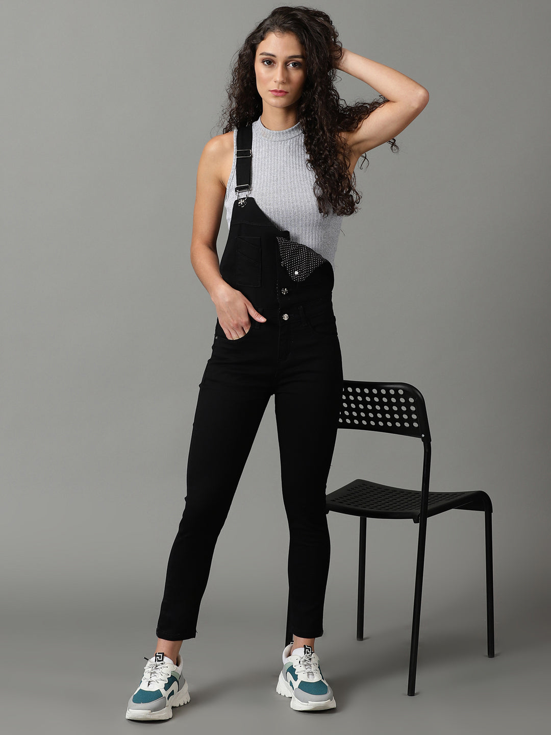 Women's Black Solid Dungaree