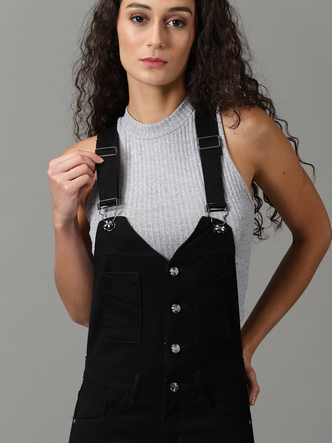 Women's Black Solid Dungaree