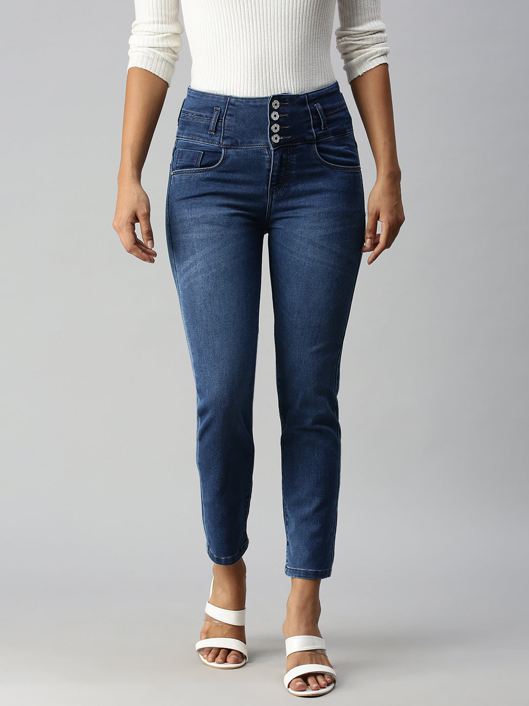 Women's Blue Solid Denim Slim Jeans