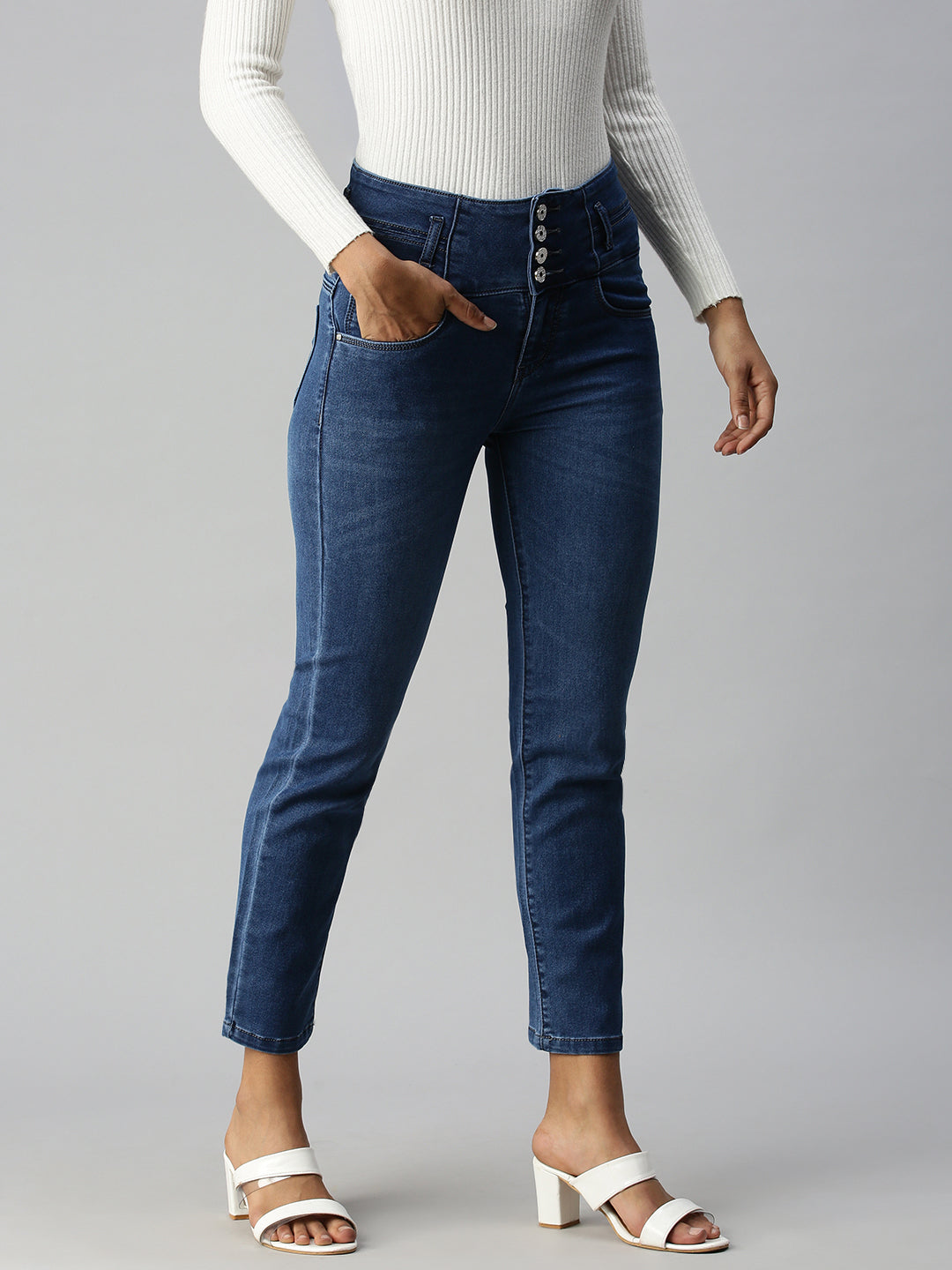 Women's Blue Solid Denim Slim Jeans