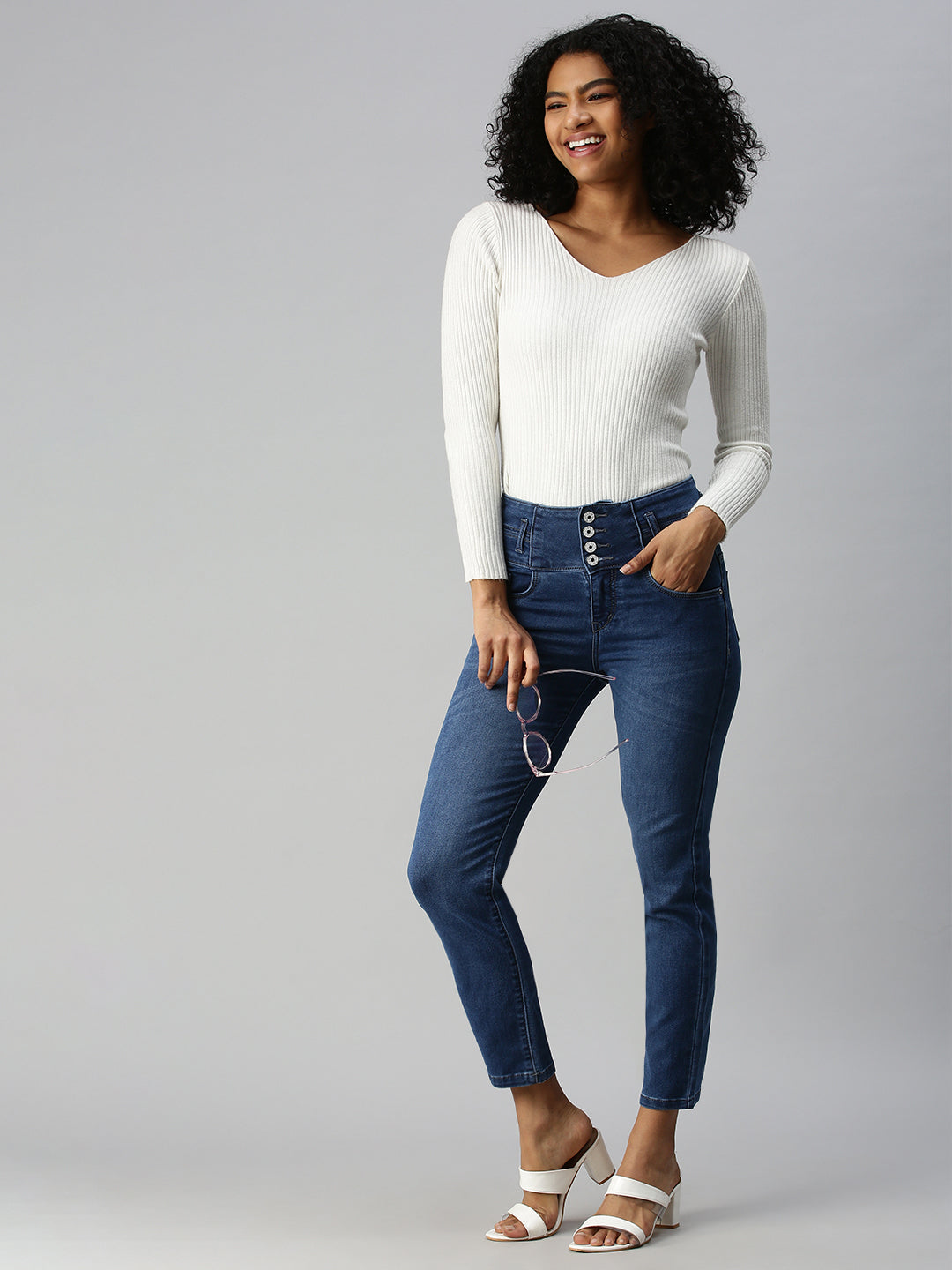 Women's Blue Solid Denim Slim Jeans