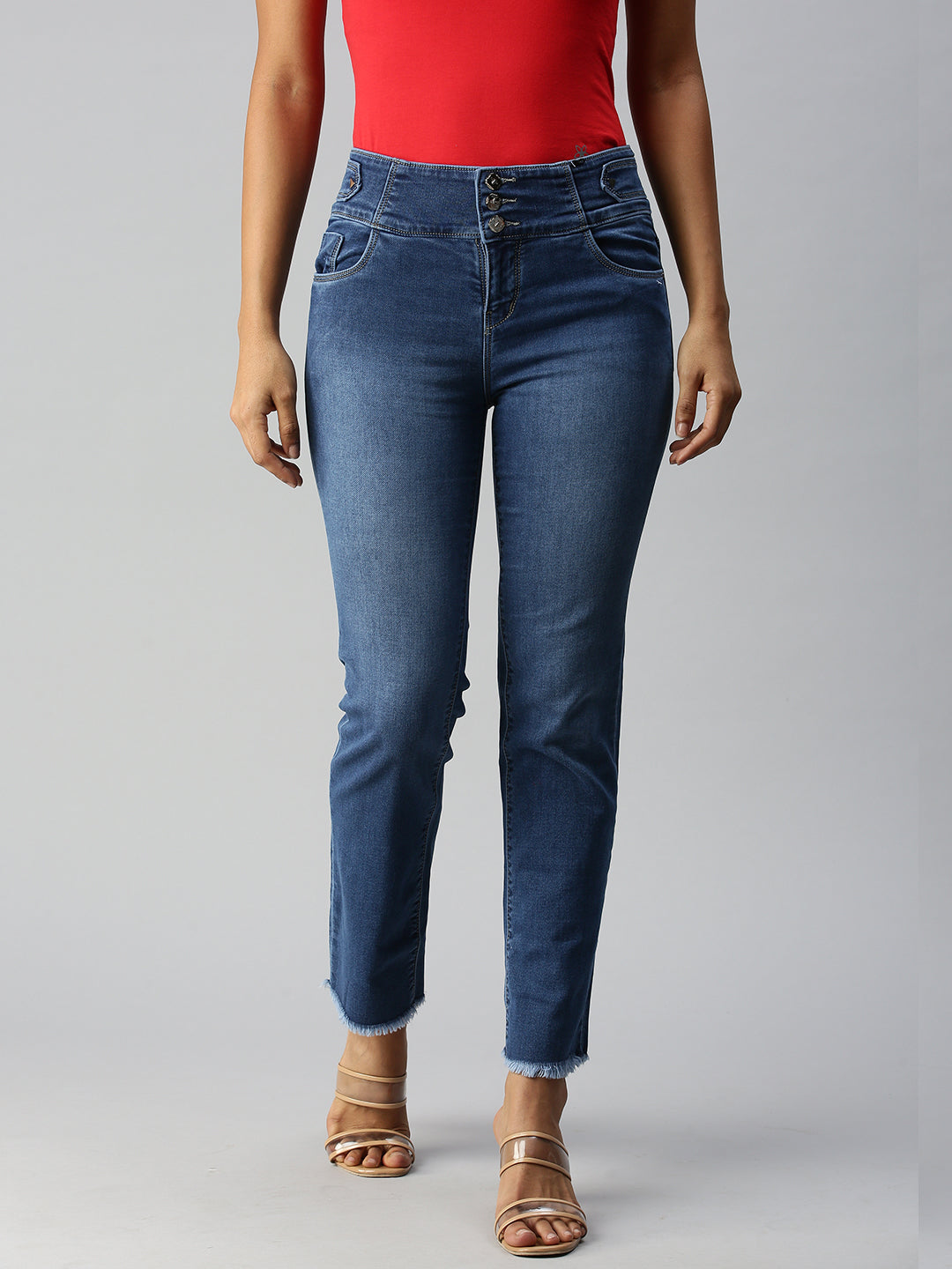 Women's Blue Solid Denim Straight Jeans