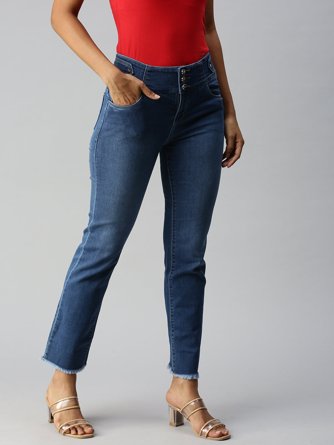 Women's Blue Solid Denim Straight Jeans