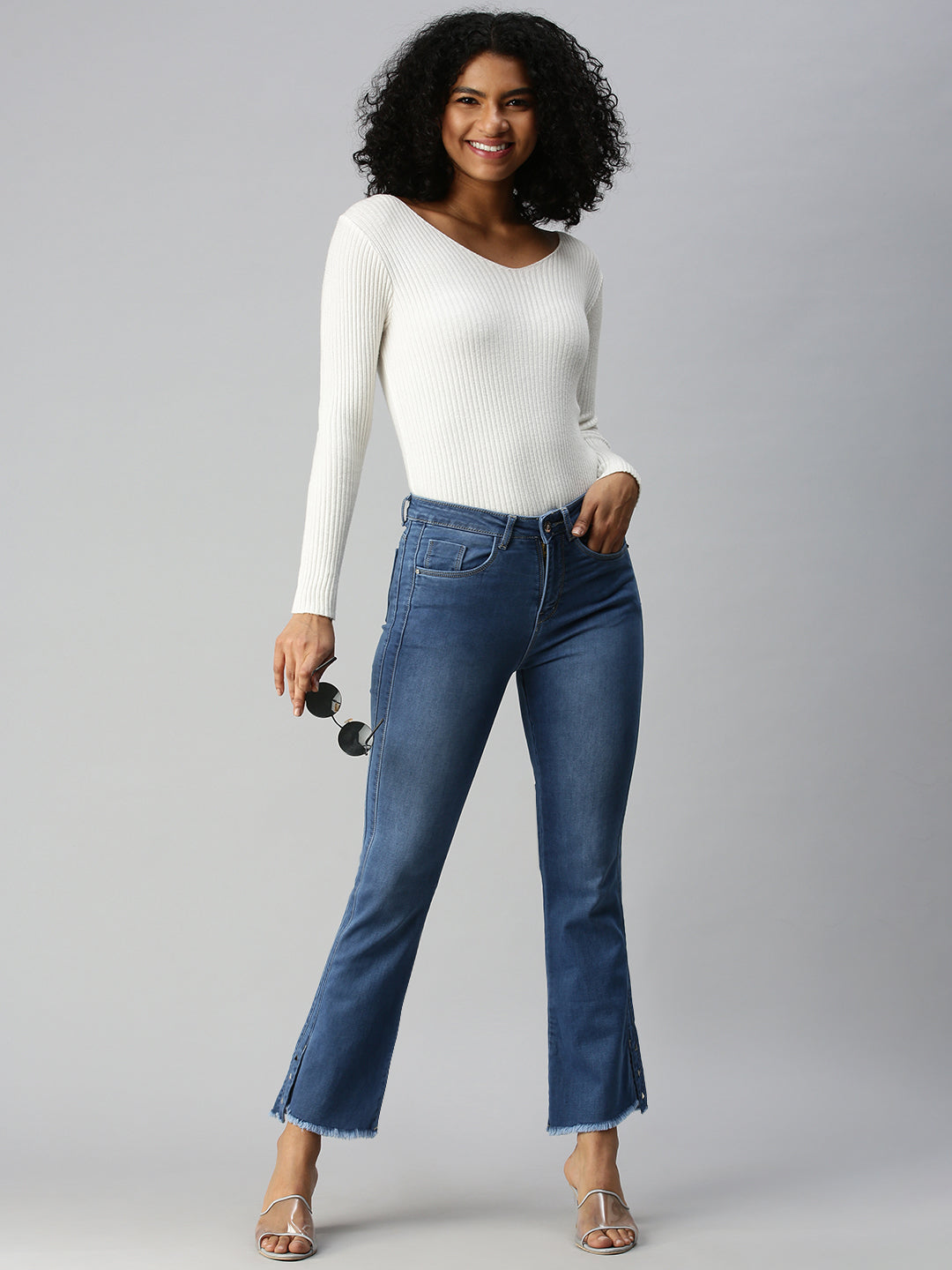 Women's Blue Solid Denim Flare Fit Jeans