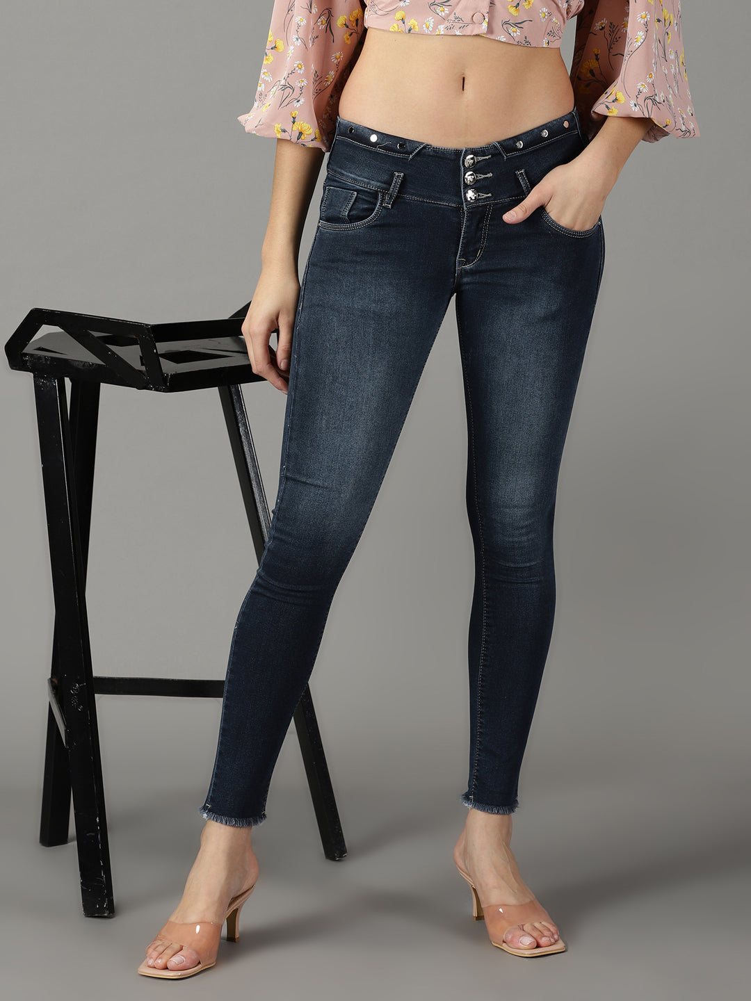 Women's Navy Blue Solid Skinny Fit Denim Jeans