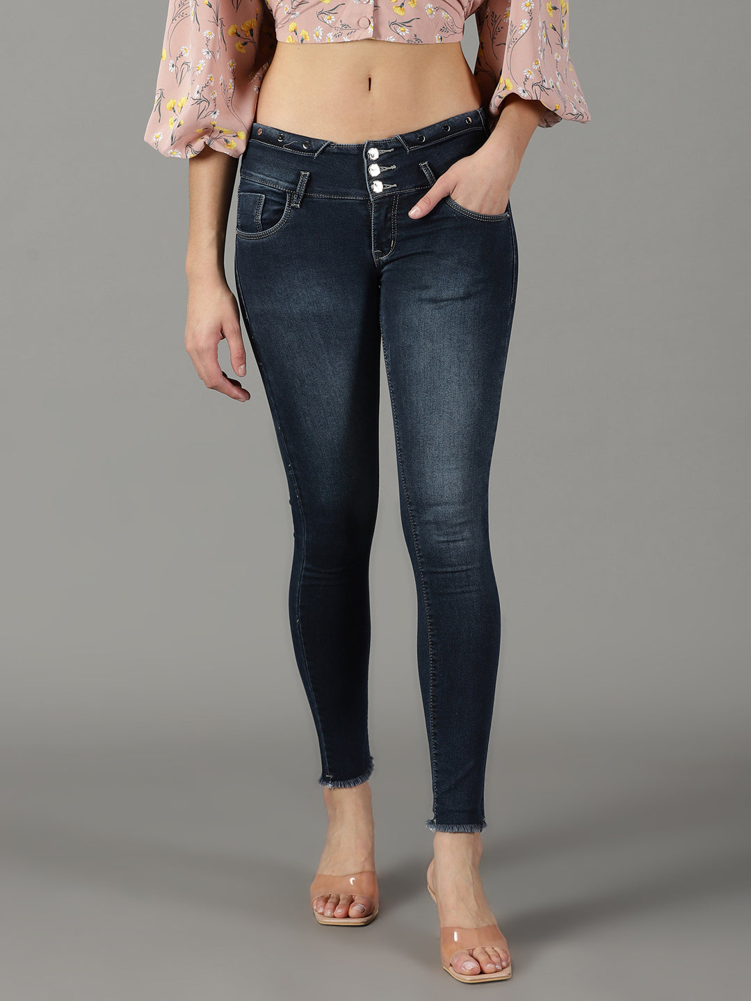 Women's Navy Blue Solid Skinny Fit Denim Jeans