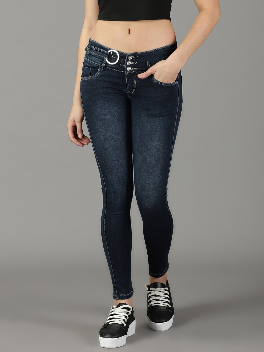 Women's Navy Blue Solid Skinny Fit Denim Jeans