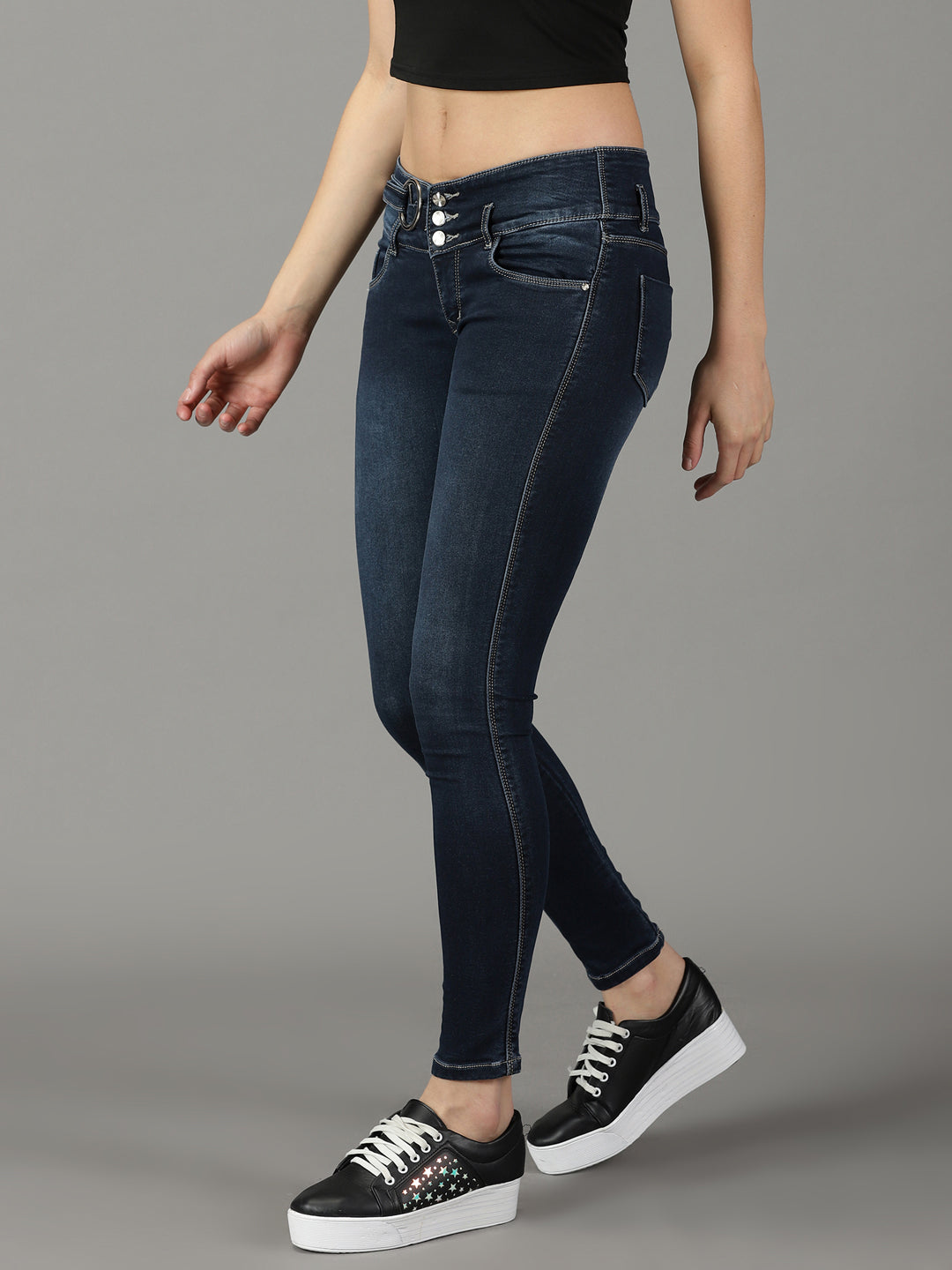 Women's Navy Blue Solid Skinny Fit Denim Jeans