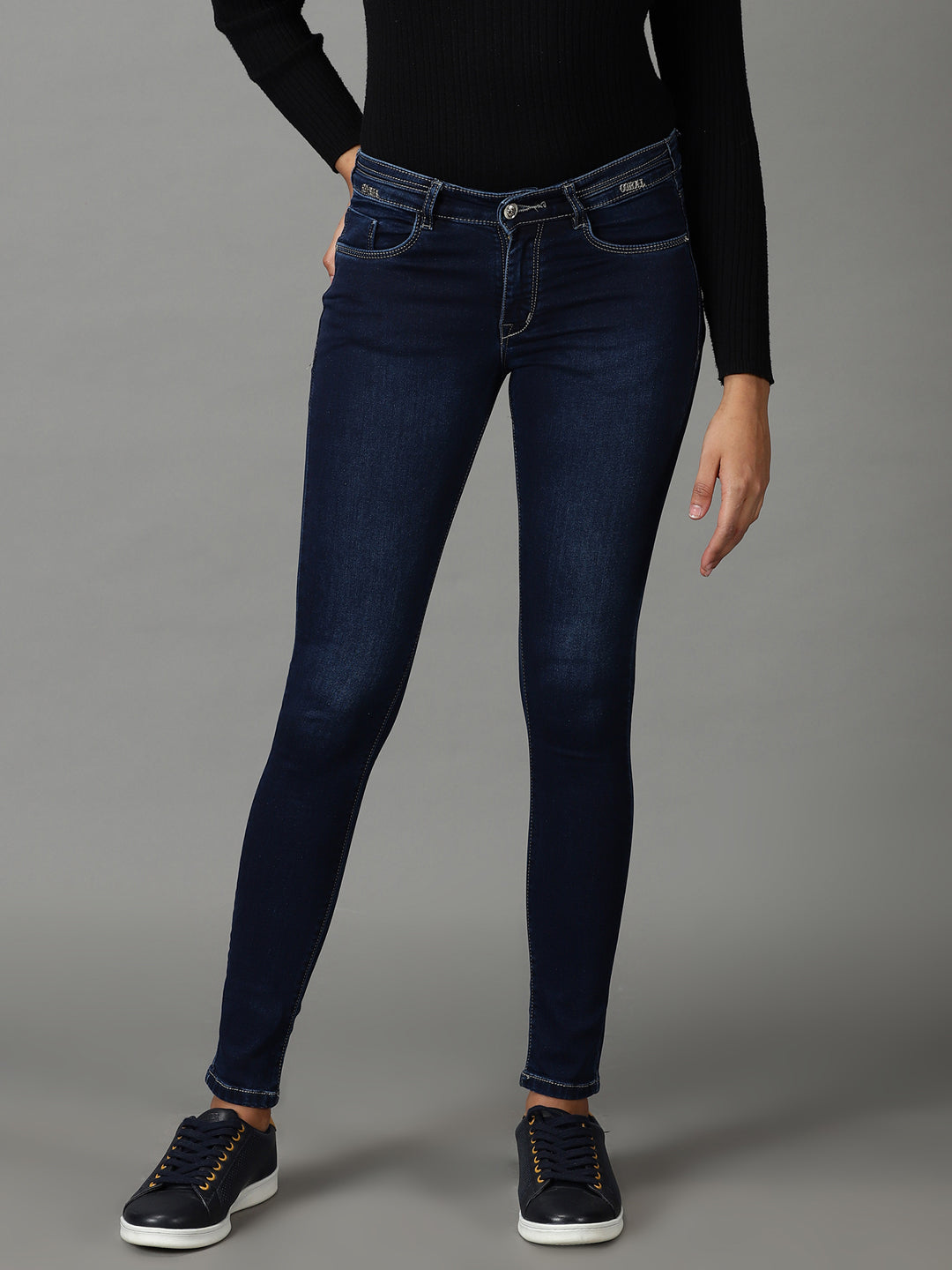 Women's Navy Blue Solid Slim Fit Denim Jeans