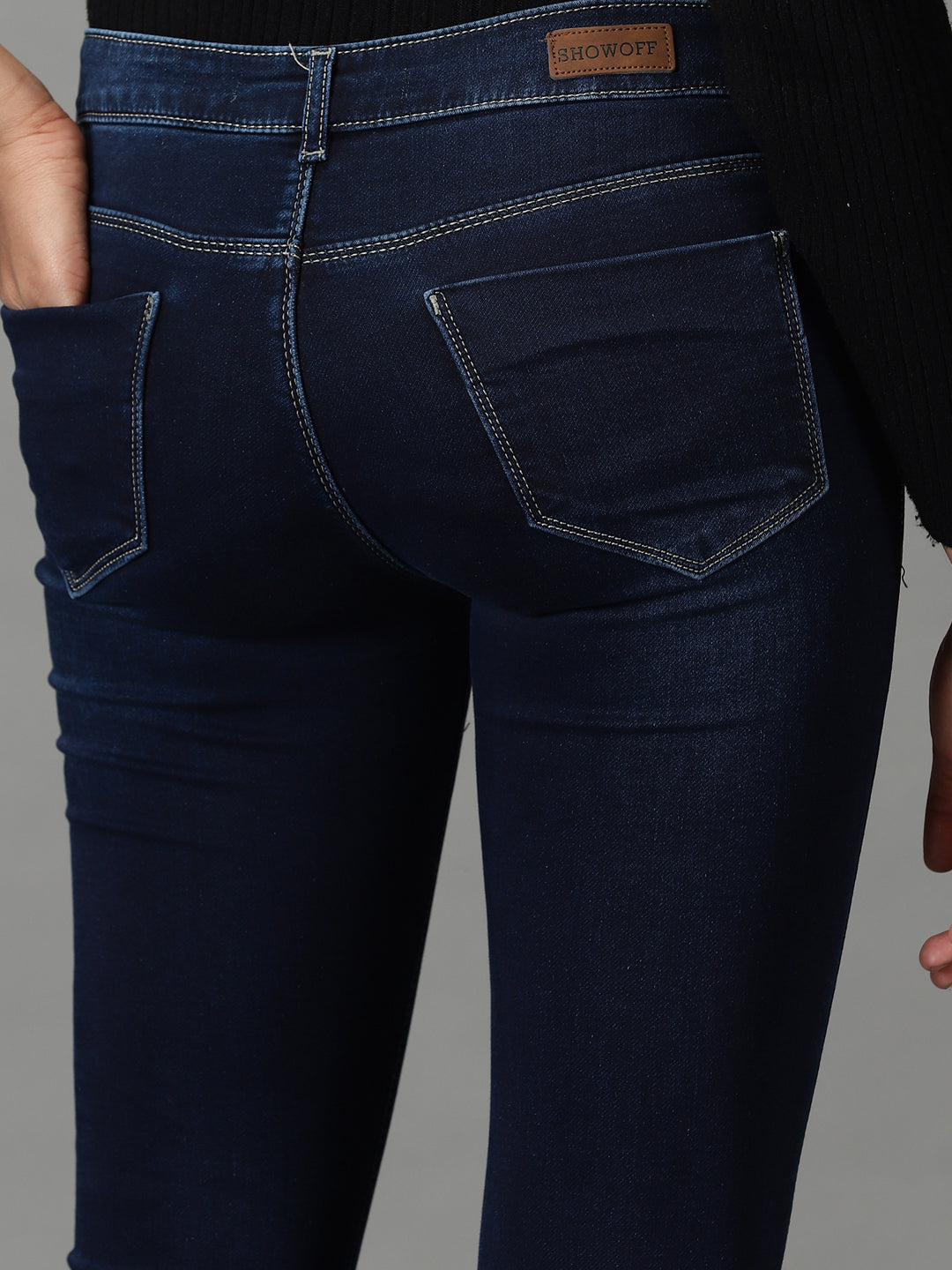 Women's Navy Blue Solid Slim Fit Denim Jeans