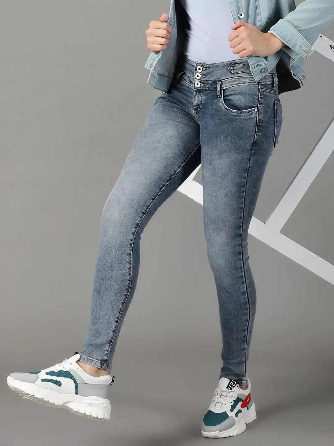 Women's Grey Solid Skinny Fit Denim Jeans
