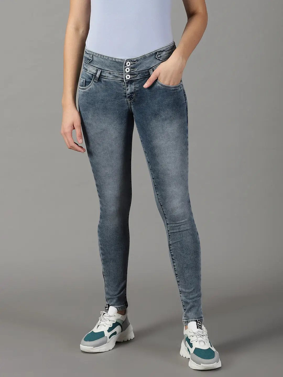 Women's Grey Solid Skinny Fit Denim Jeans