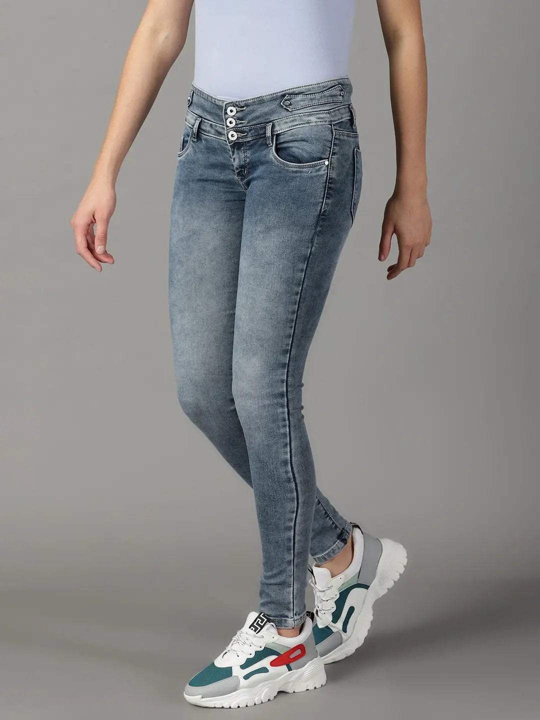 Women's Grey Solid Skinny Fit Denim Jeans