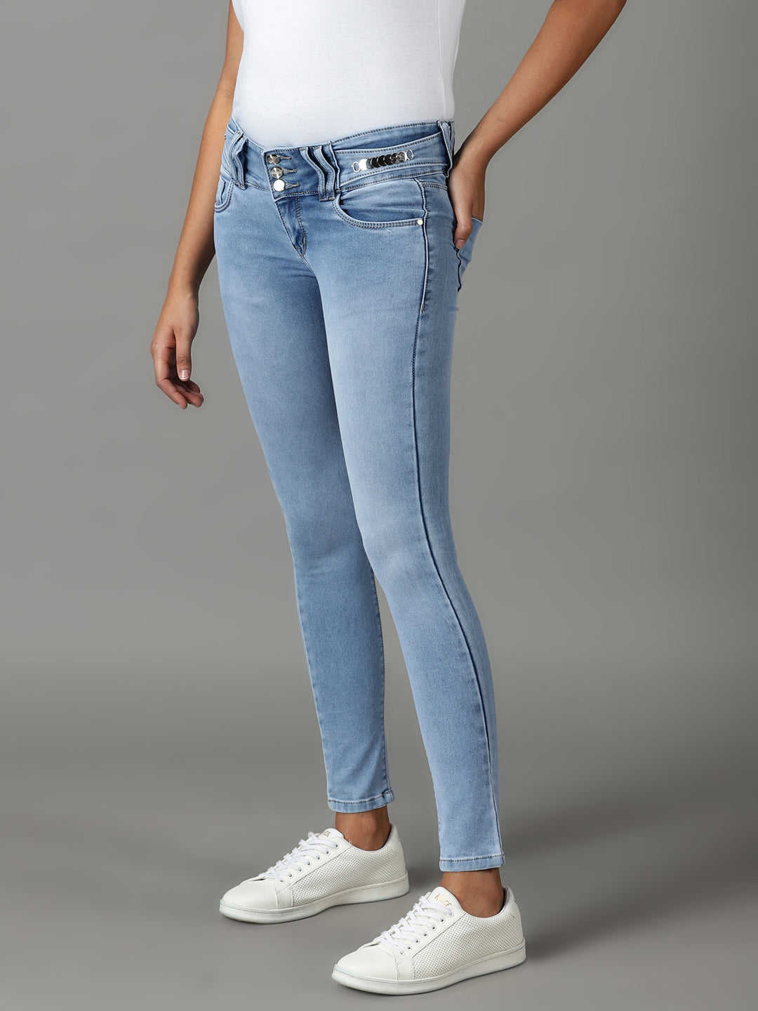 Women's Blue Solid Slim Fit Denim Jeans