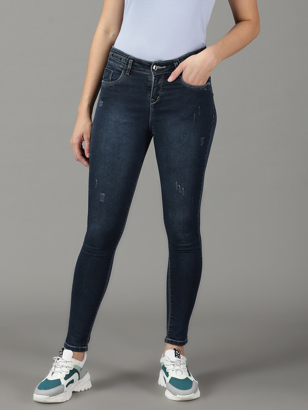 Women's Navy Blue Solid Slim Fit Denim Jeans