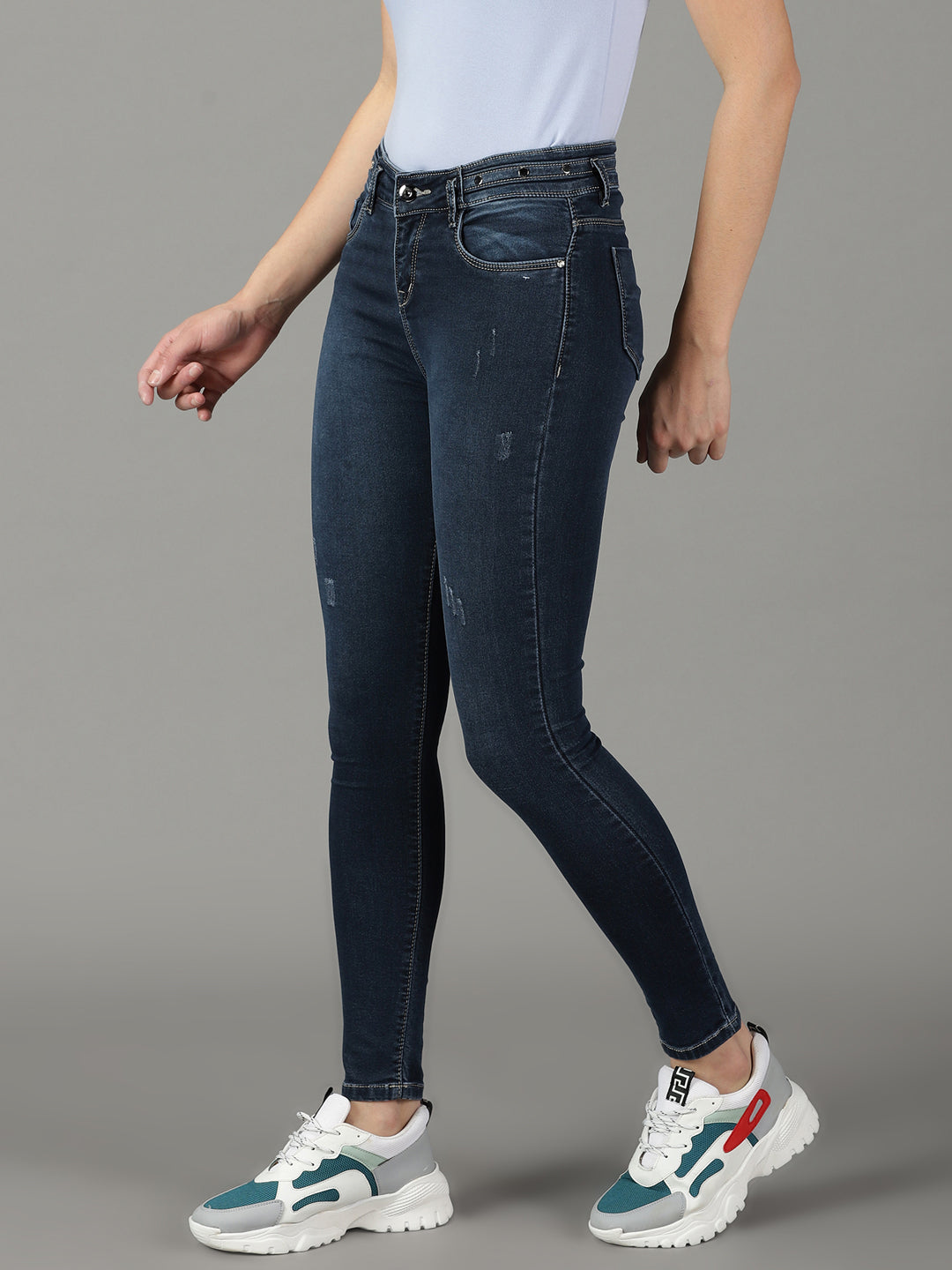 Women's Navy Blue Solid Slim Fit Denim Jeans