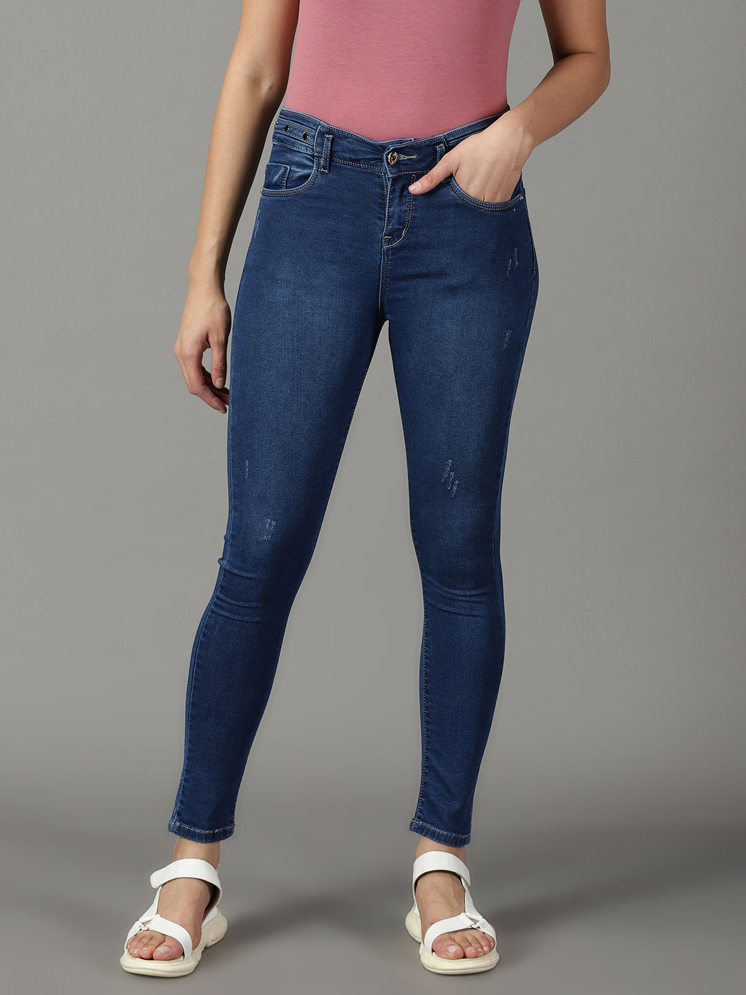 Women's Navy Blue Solid Slim Fit Denim Jeans