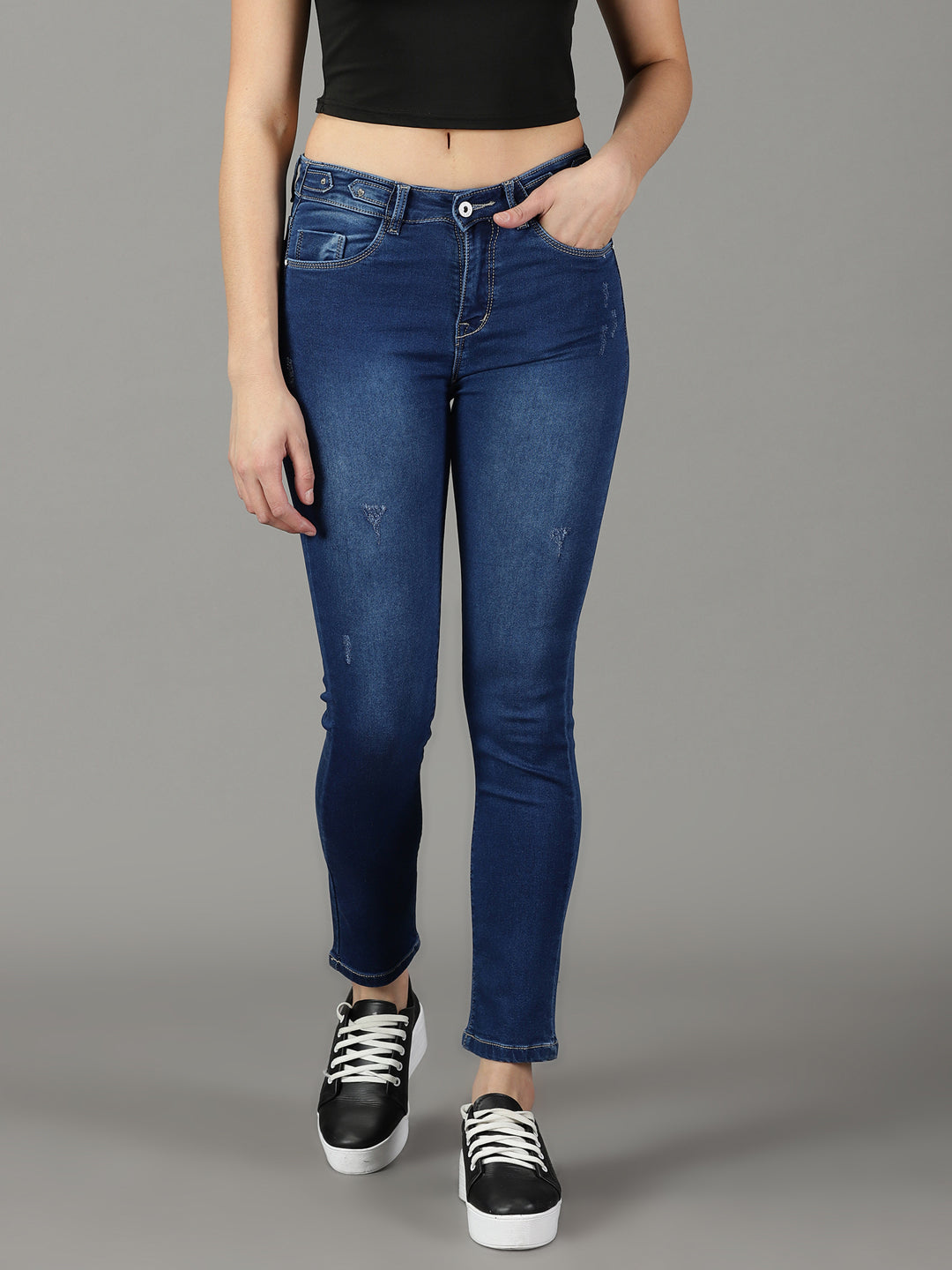 Women's Navy Blue Solid Slim Fit Denim Jeans