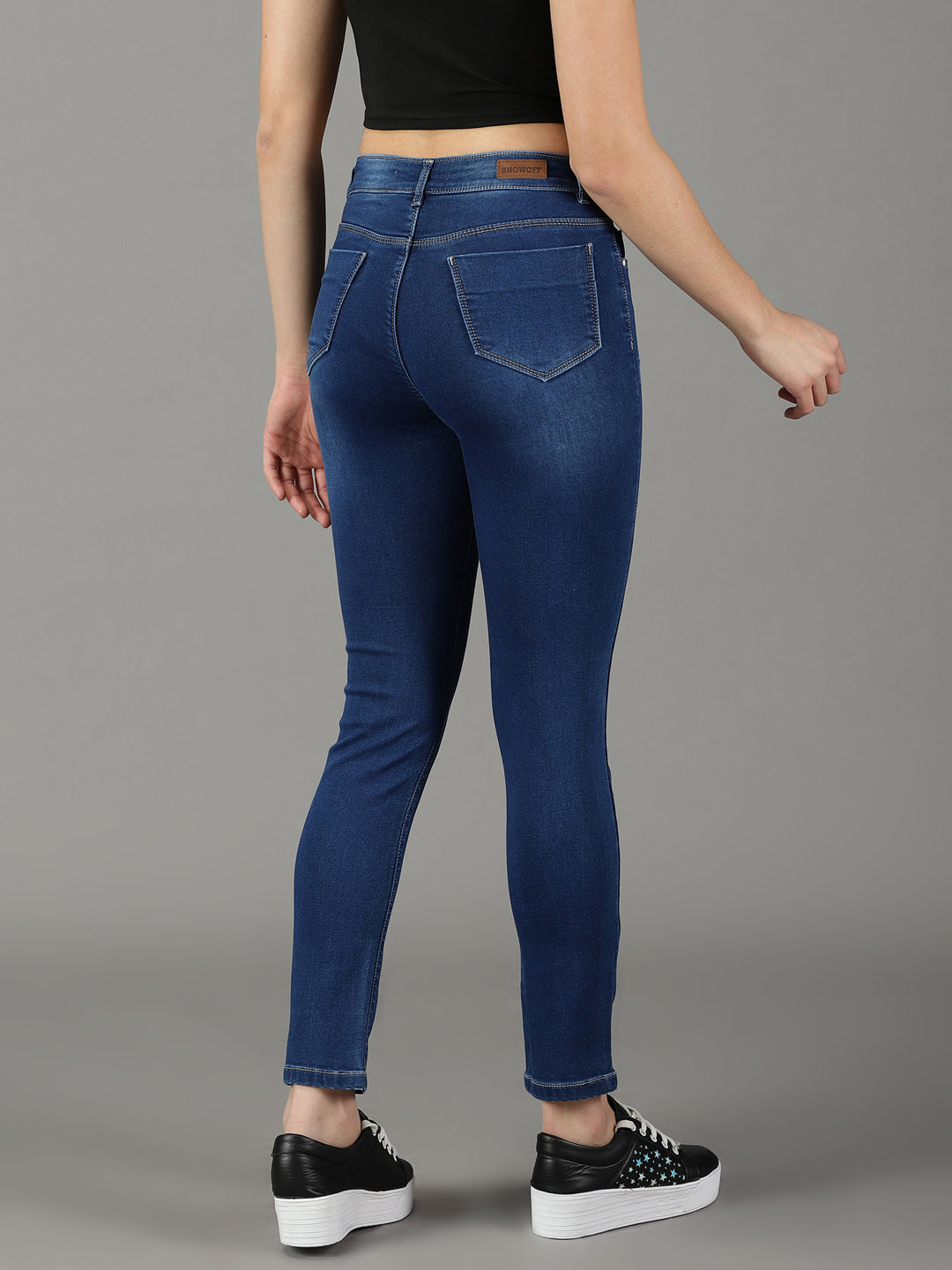 Women's Navy Blue Solid Slim Fit Denim Jeans