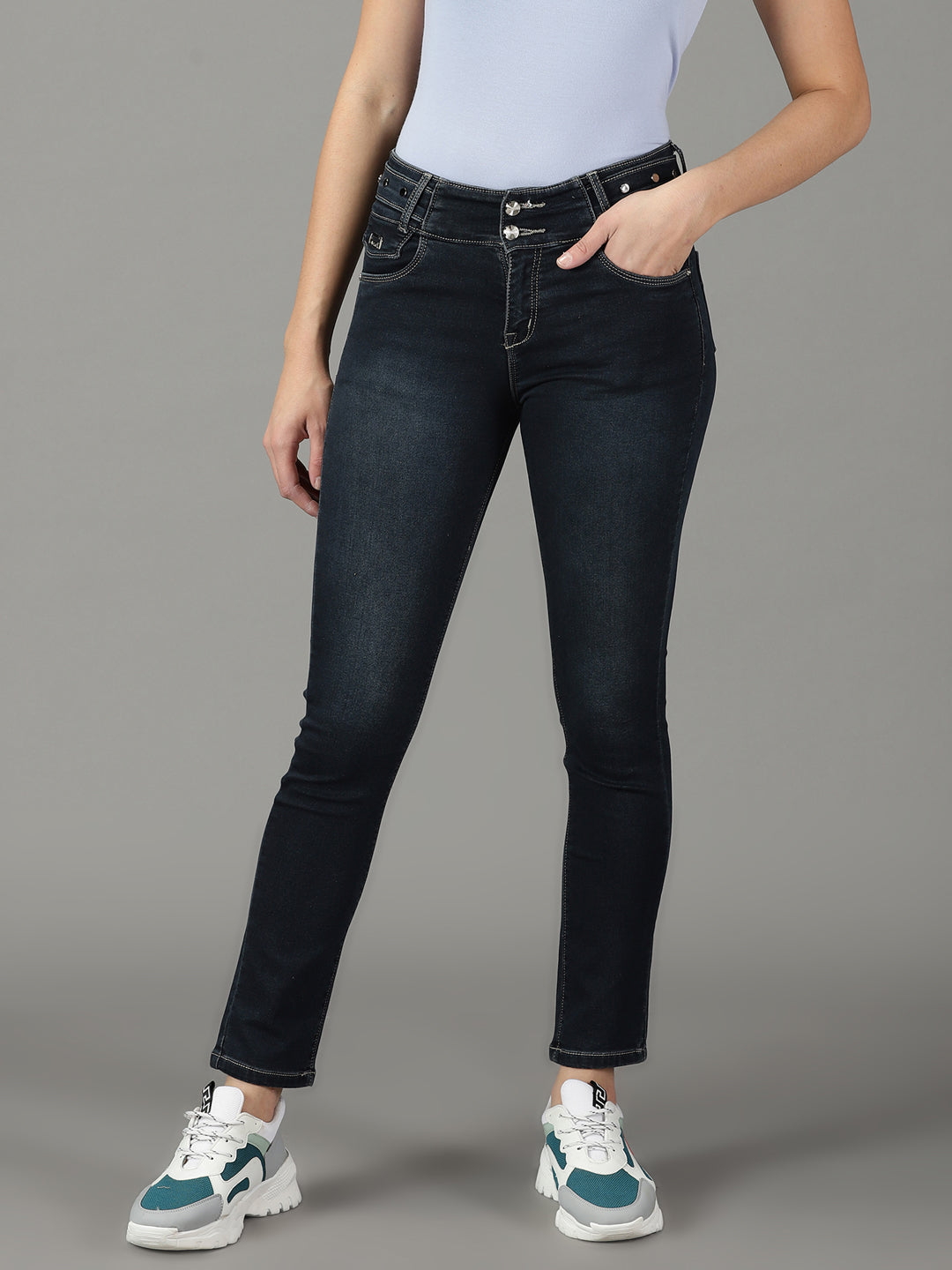 Women's Navy Blue Solid Fit Denim Jeans