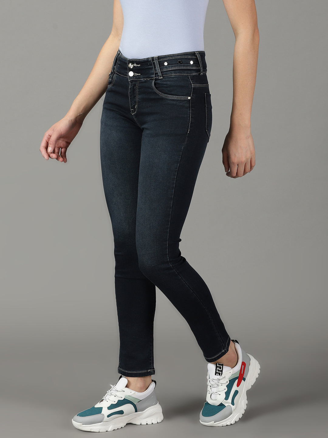 Women's Navy Blue Solid Fit Denim Jeans