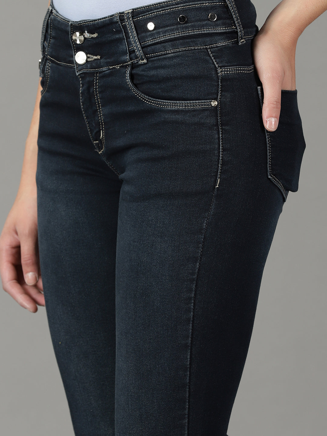 Women's Navy Blue Solid Fit Denim Jeans