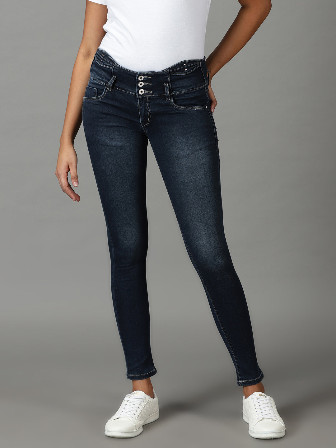 Women's Navy Blue Solid Slim Fit Denim Jeans