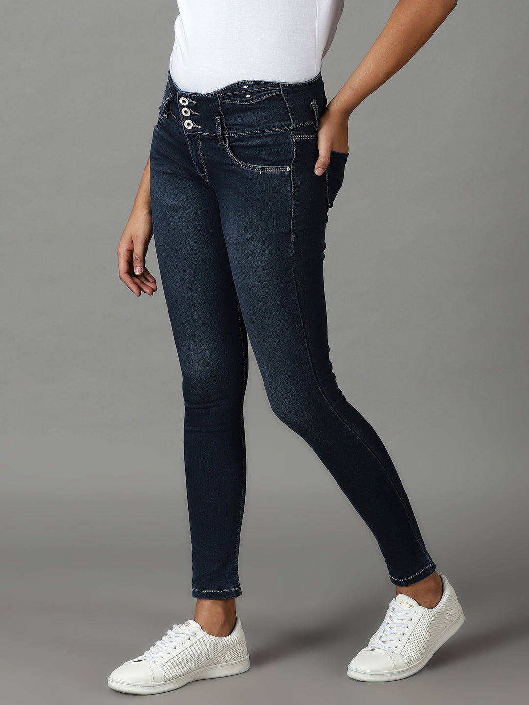 Women's Navy Blue Solid Slim Fit Denim Jeans