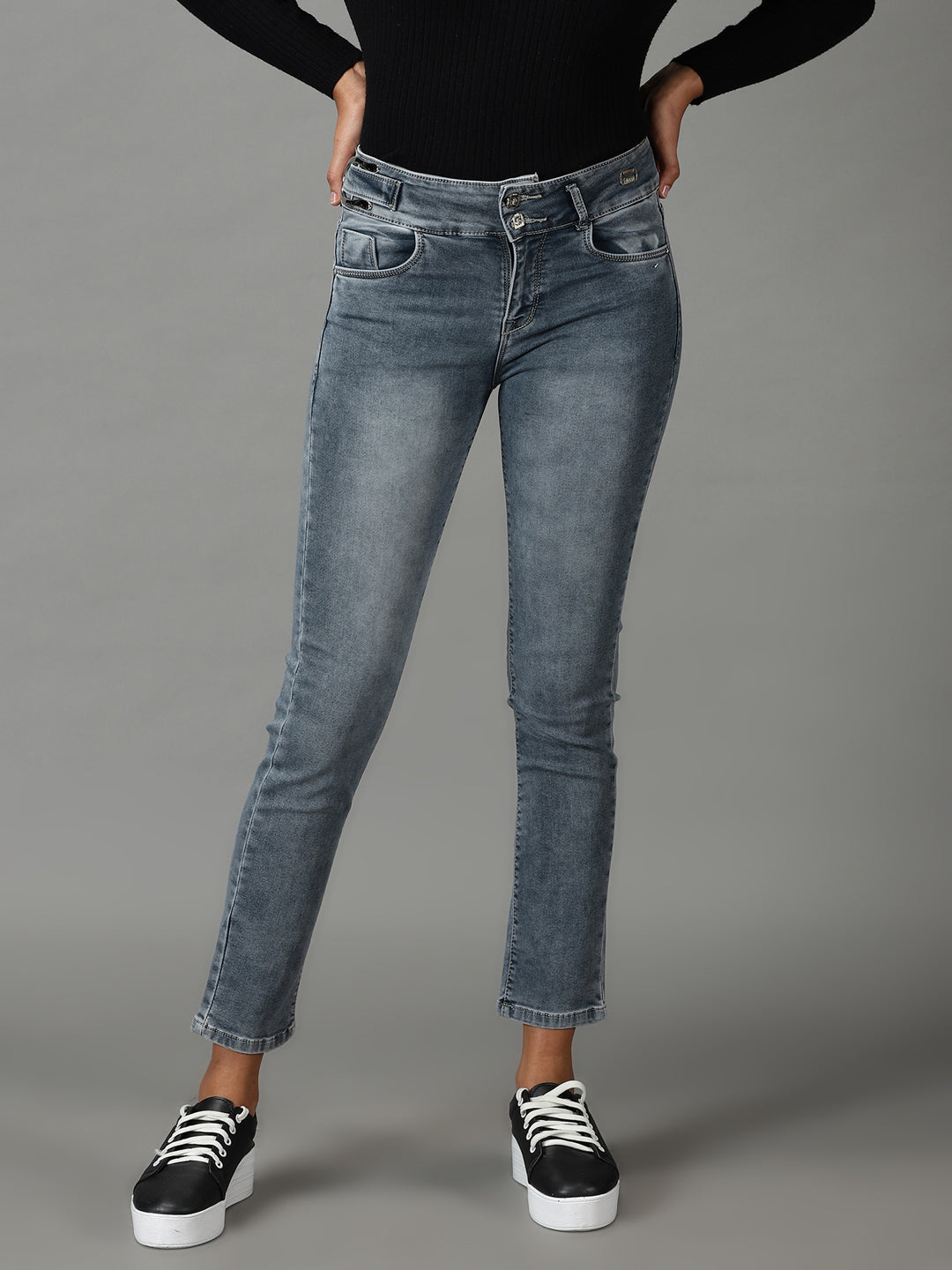 Women's Grey Solid Regular Fit Denim Jeans