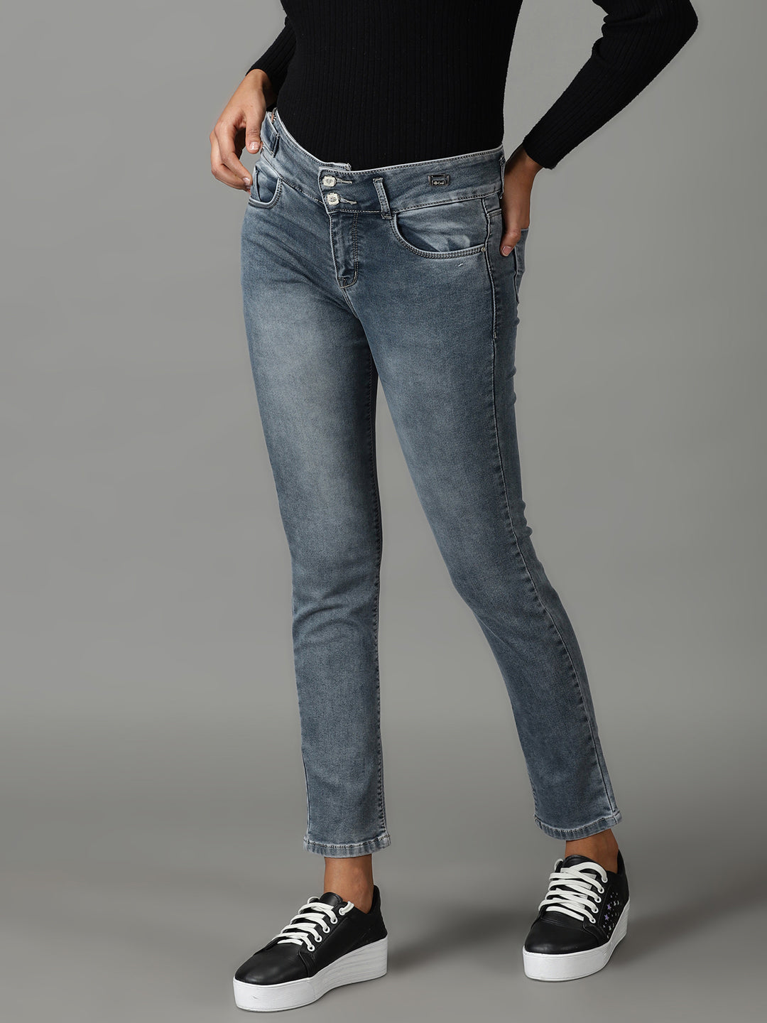 Women's Grey Solid Regular Fit Denim Jeans