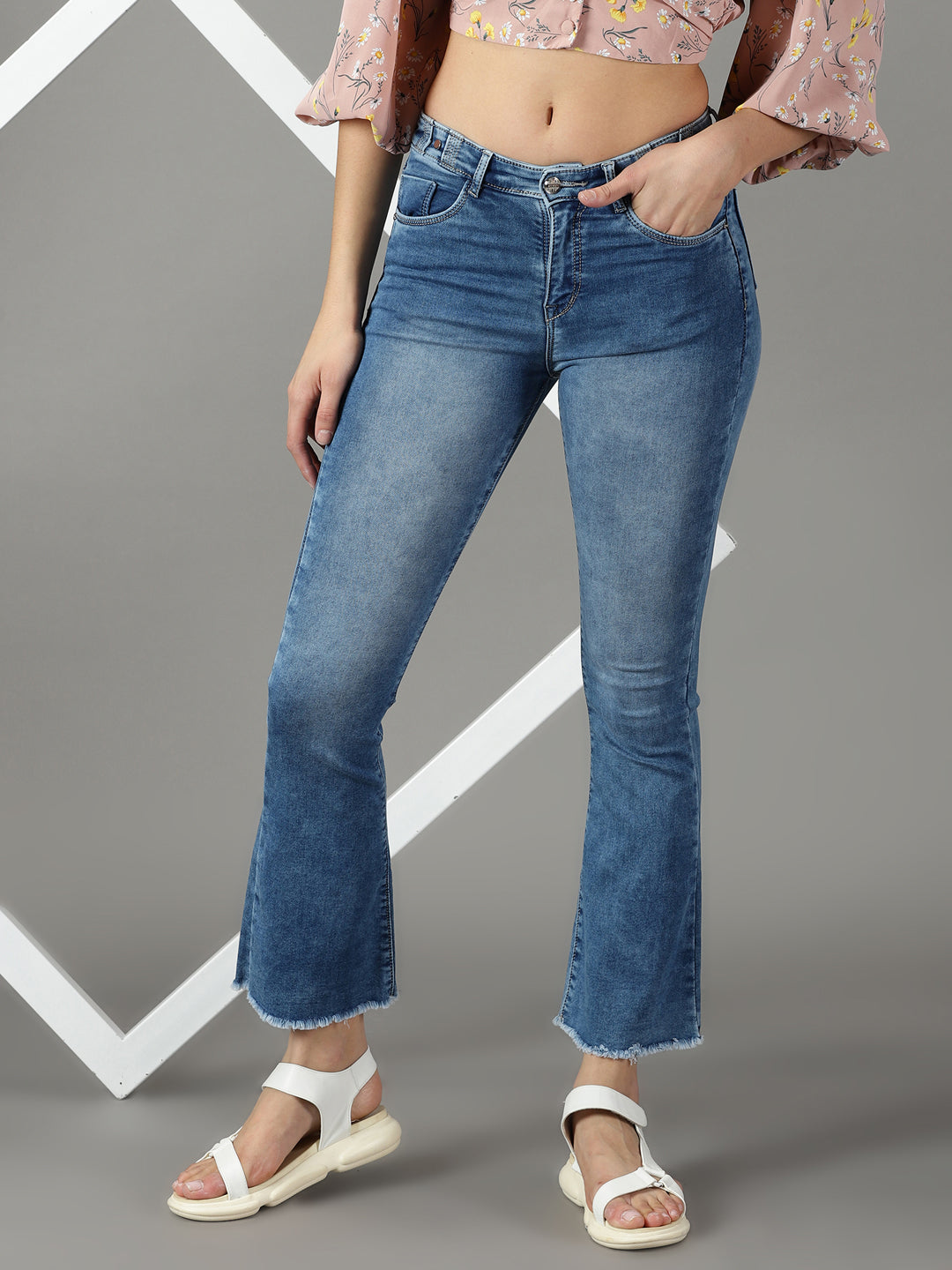 Women's Blue Solid Bootcut Denim Jeans