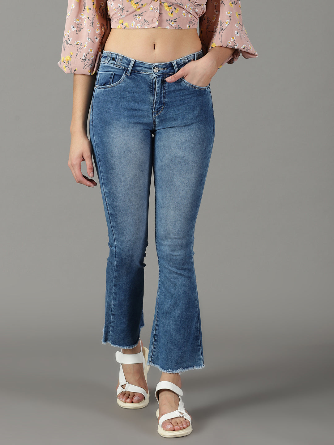 Women's Blue Solid Bootcut Denim Jeans