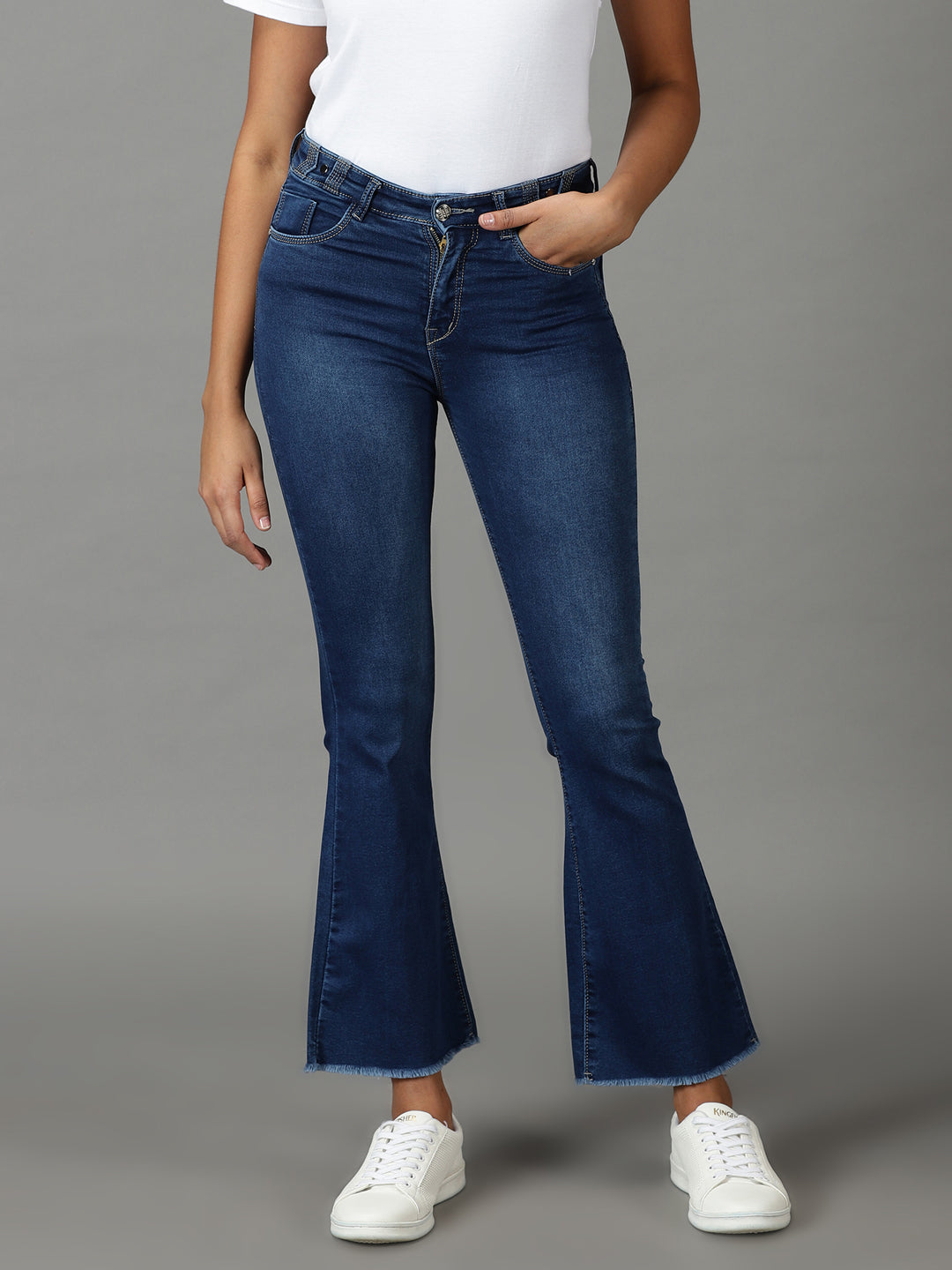 Women's Navy Blue Solid Bootcut Denim Jeans