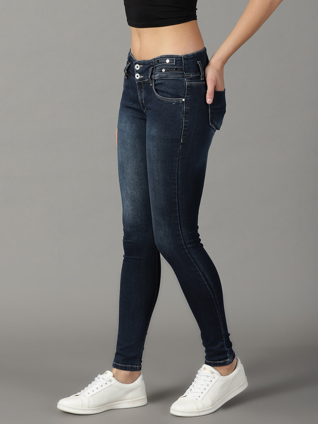 Women's Navy Blue Solid Skinny Fit Denim Jeans